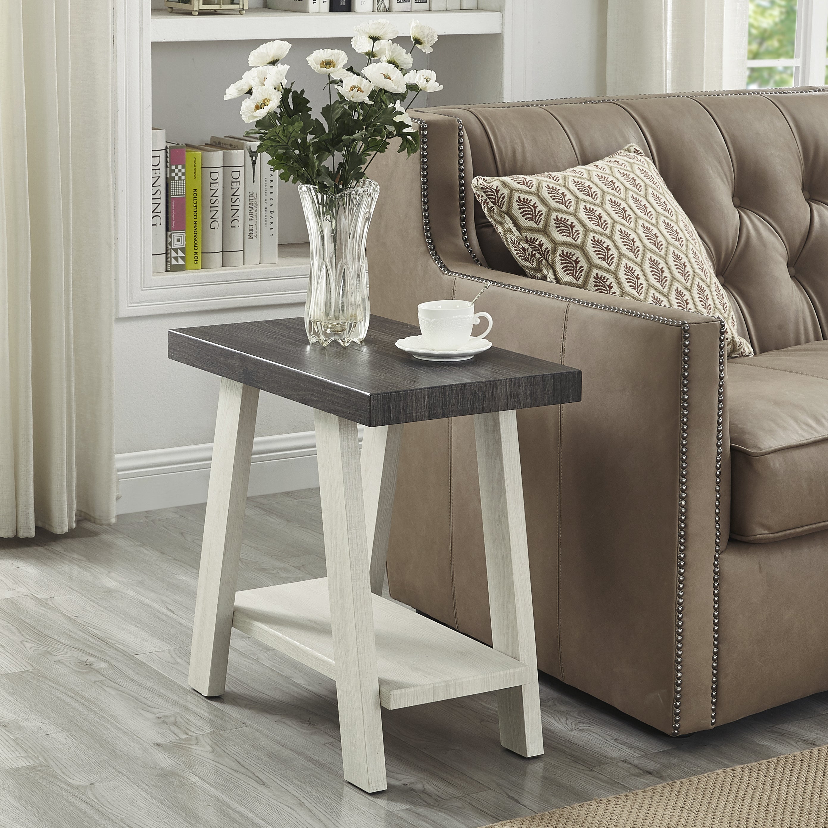 Roundhill Furniture Athens Contemporary Two-Tone Wood Shelf Side Table in Weathered Charcoal & Beige - Modern End Table for Living Room, Bedroom, or Office Decor