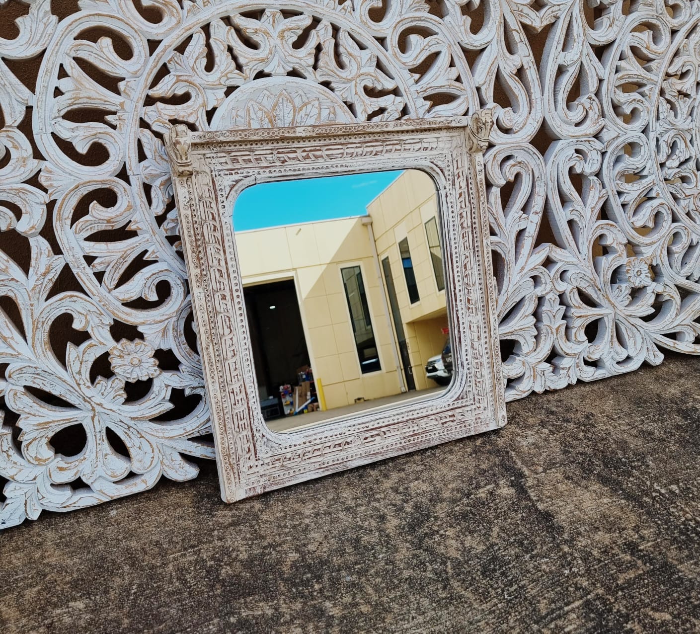 Hand Carved Indian Solid Wood Wall Mirror with Horse Face Design - Rustic Decor 24.2