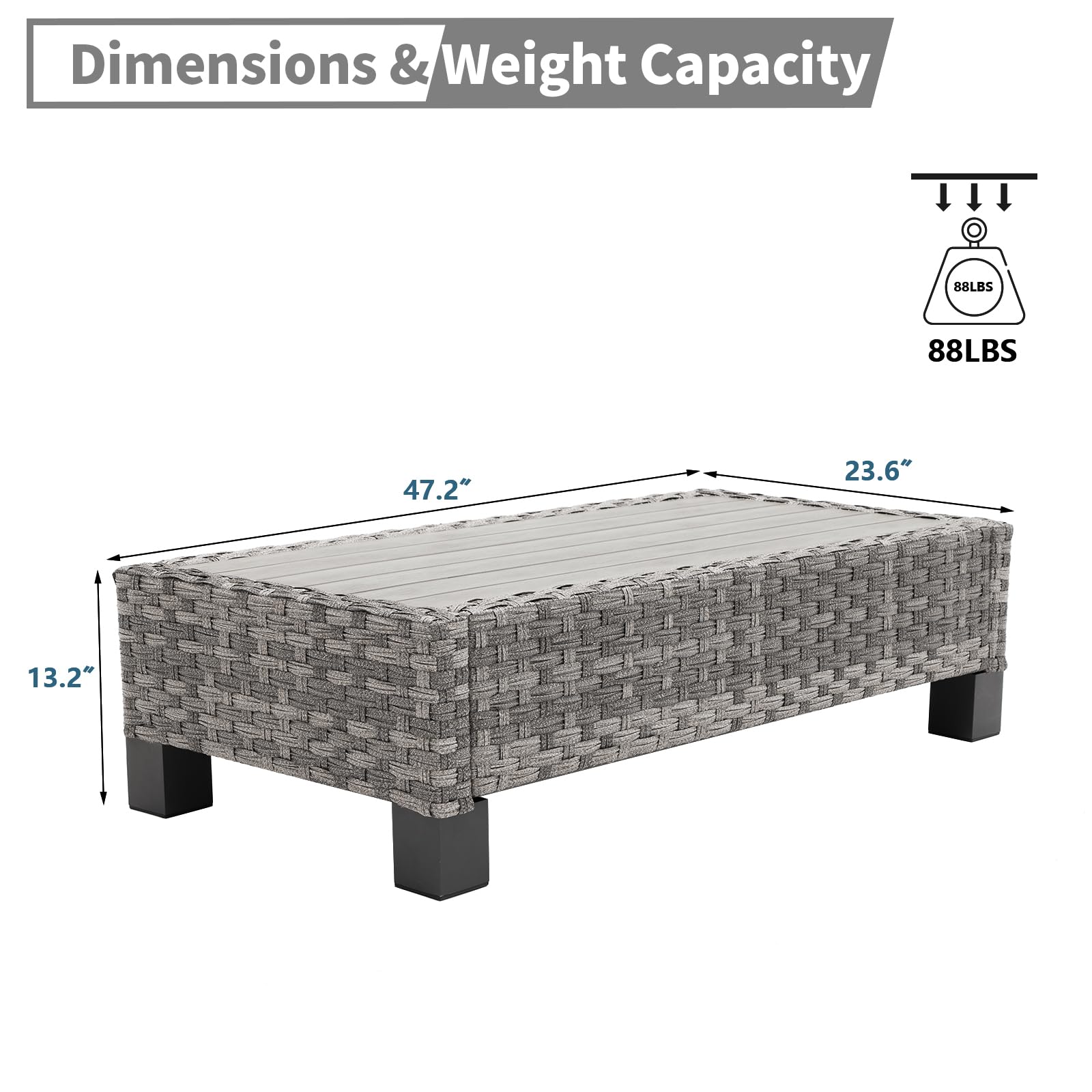 All-Weather Outdoor Coffee Table - Rectangle PE Rattan Patio Table with Wood-Like Tabletop, Grey - Perfect for Garden, Poolside & Backyard Relaxation