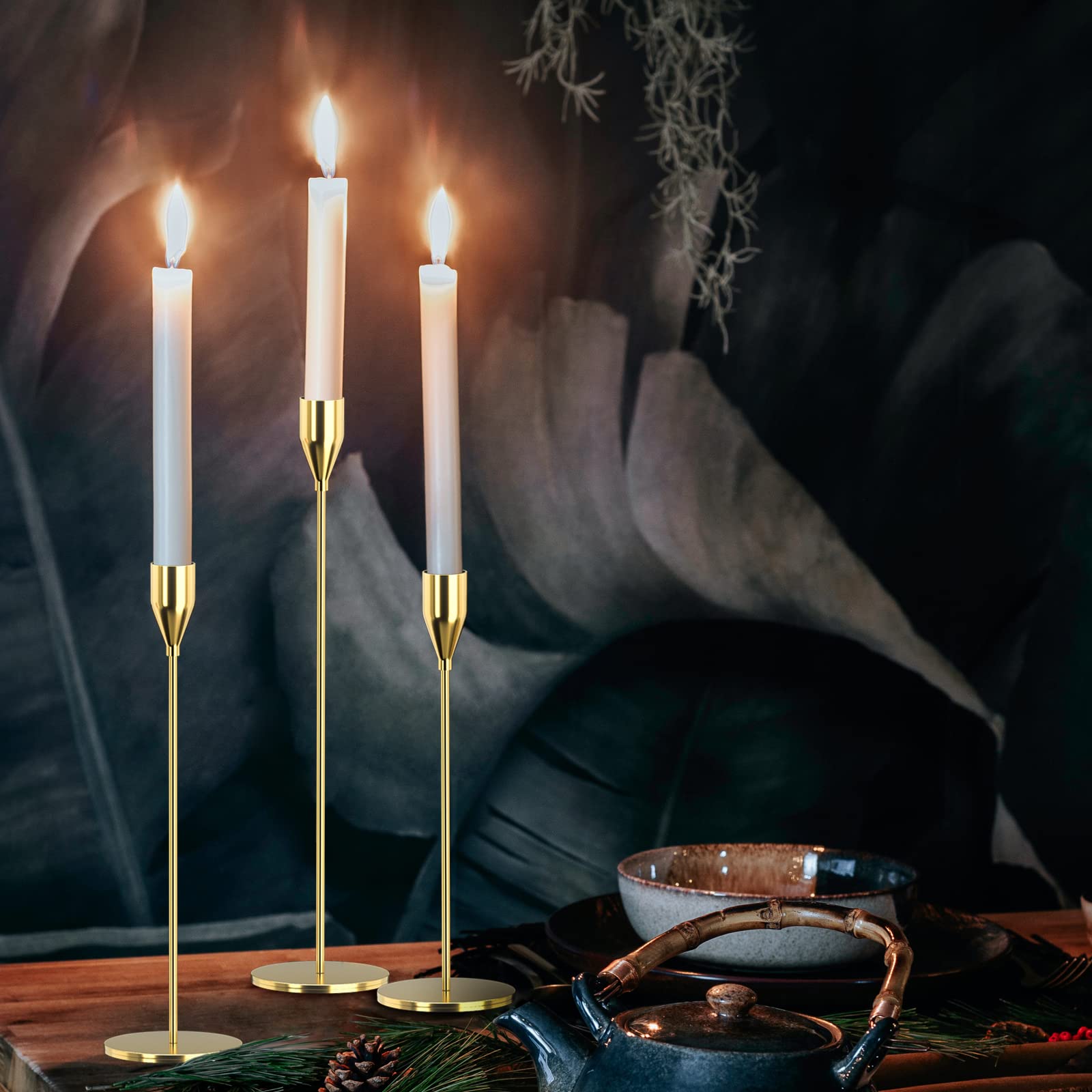 3-Piece Gold Metal Candle Holders Set for Taper Candles - Decorative Candlestick Stand Fits 3/4 Inch Thick Candles & LED Lights - Perfect for Weddings, Dining Tables, Parties & Home Decor