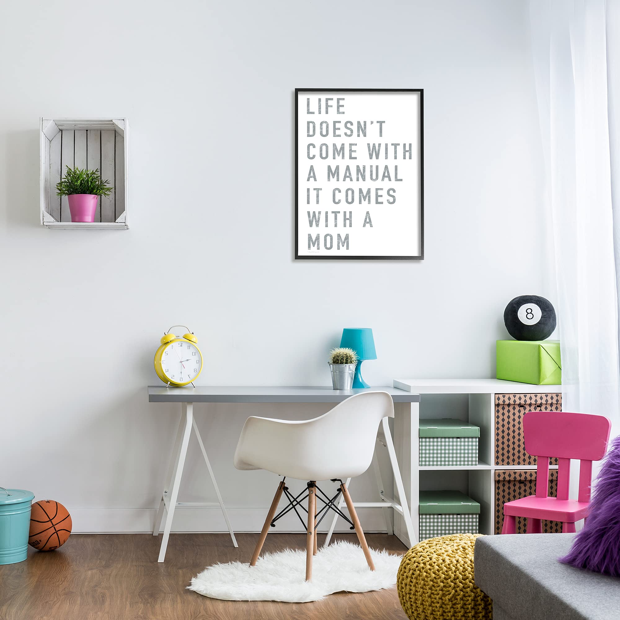 Stupell Industries 'Doesn't Come with Manual' Mom Appreciation Wall Art - Gray Text Black Frame 24x30 by Elizabeth Tyndall | Perfect for Mother's Day Gifts, Living Room Decor & Office Wall Art