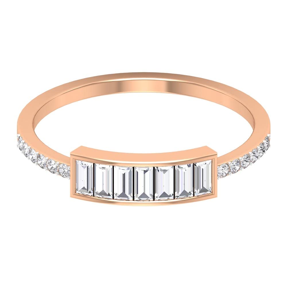 14K Solid Gold Real Diamond Bar Ring for Women - Channel Set Baguette & Round Cut Minimalist Bar Ring - Perfect for Weddings, Anniversaries & Special Occasions
