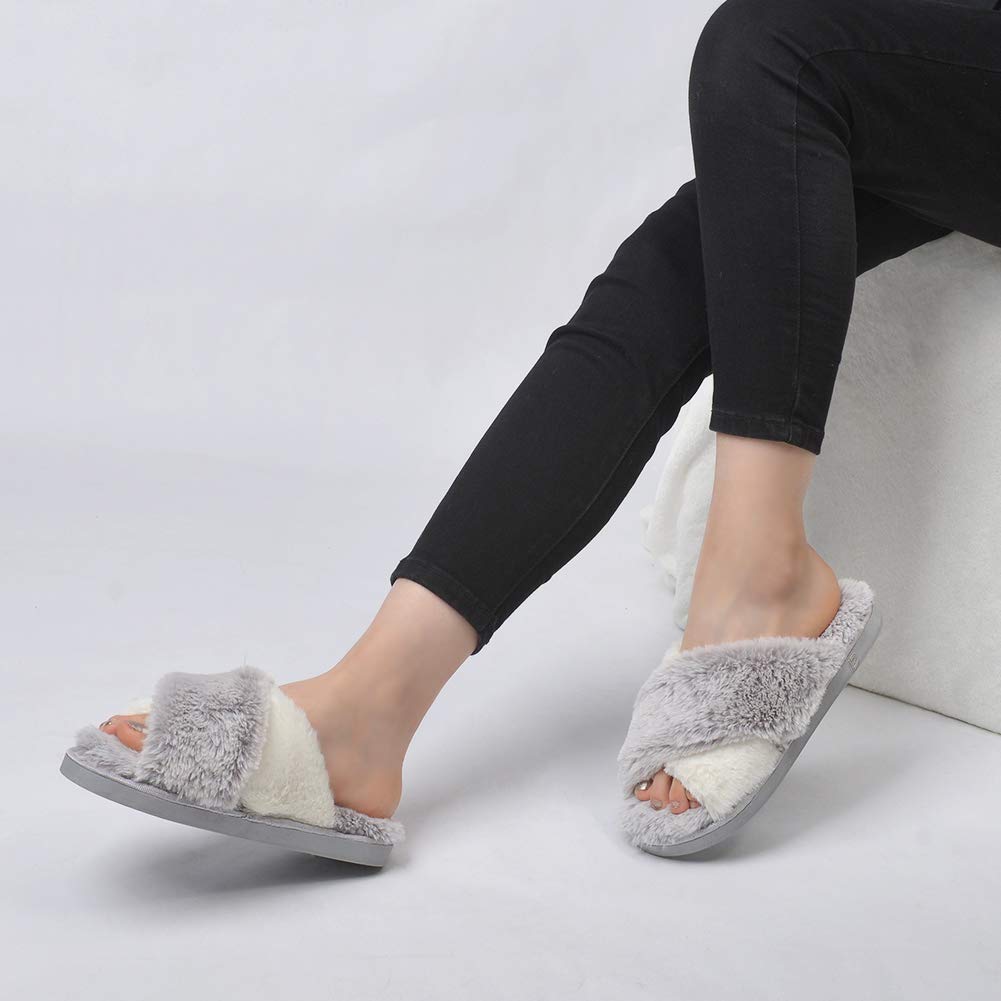 DL Women's Memory Foam Slippers - Soft Furry Cross Band Indoor/Outdoor House Shoes - Comfortable Bedroom & Lounge Slippers for Women (White/Grey, Size 7-8) - Perfect for Relaxing at Home, Quick Errands & Cozy Winter Wear