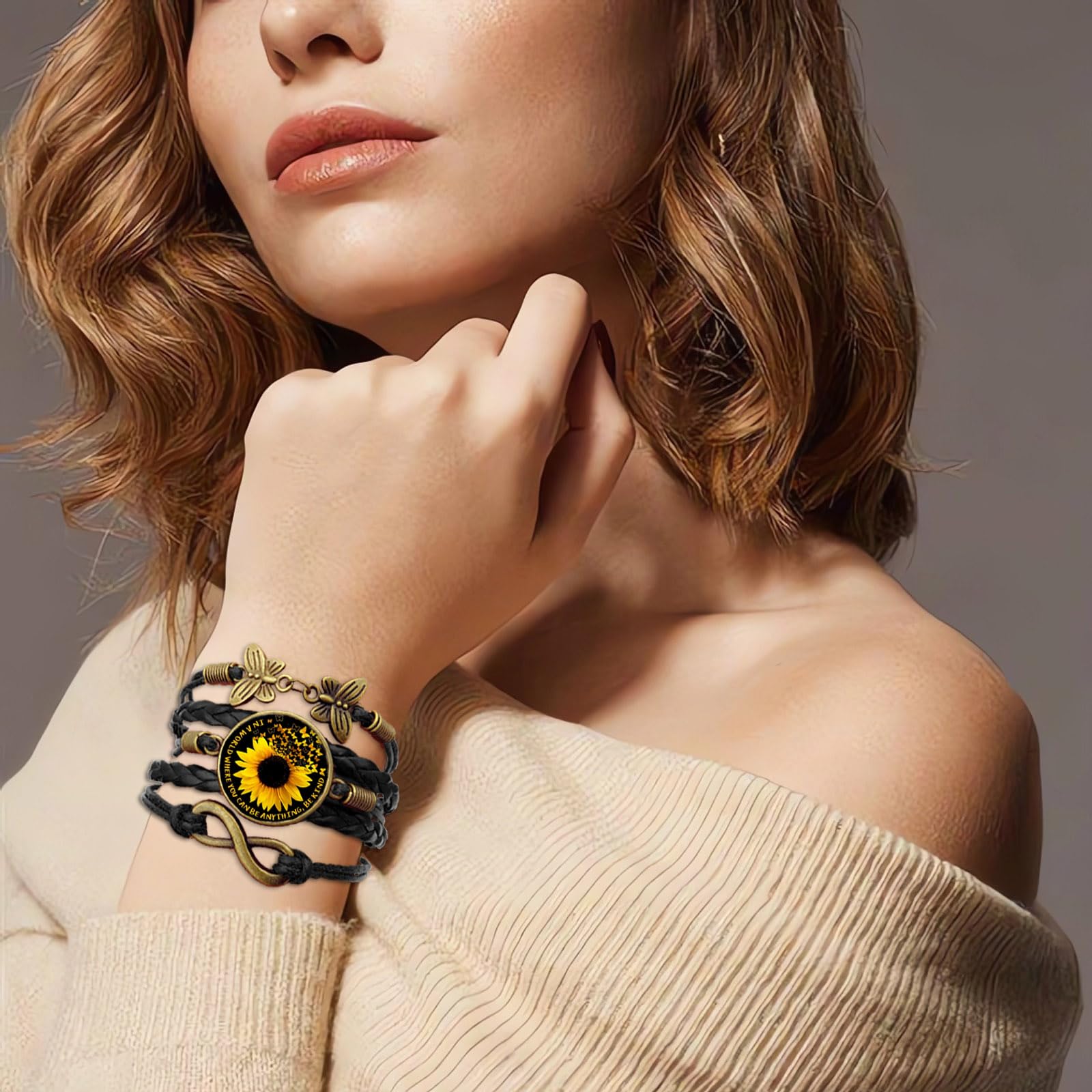 Boho Sunflower Leather Bracelet for Women - Handmade Bohemian Friendship Bracelet - Birthday Gift for Wife, Mom, Daughter, Teen Girls - Perfect for Summer Festivals, Boho Chic Outfits & Meaningful Gifting