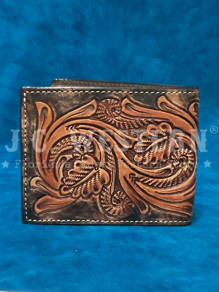 Handmade Men's Leather Bifold Wallet with 3D Scroll Embroidery & Inlay - Premium Brown Genuine Leather - Perfect for Everyday Carry, Gifts & Business Use