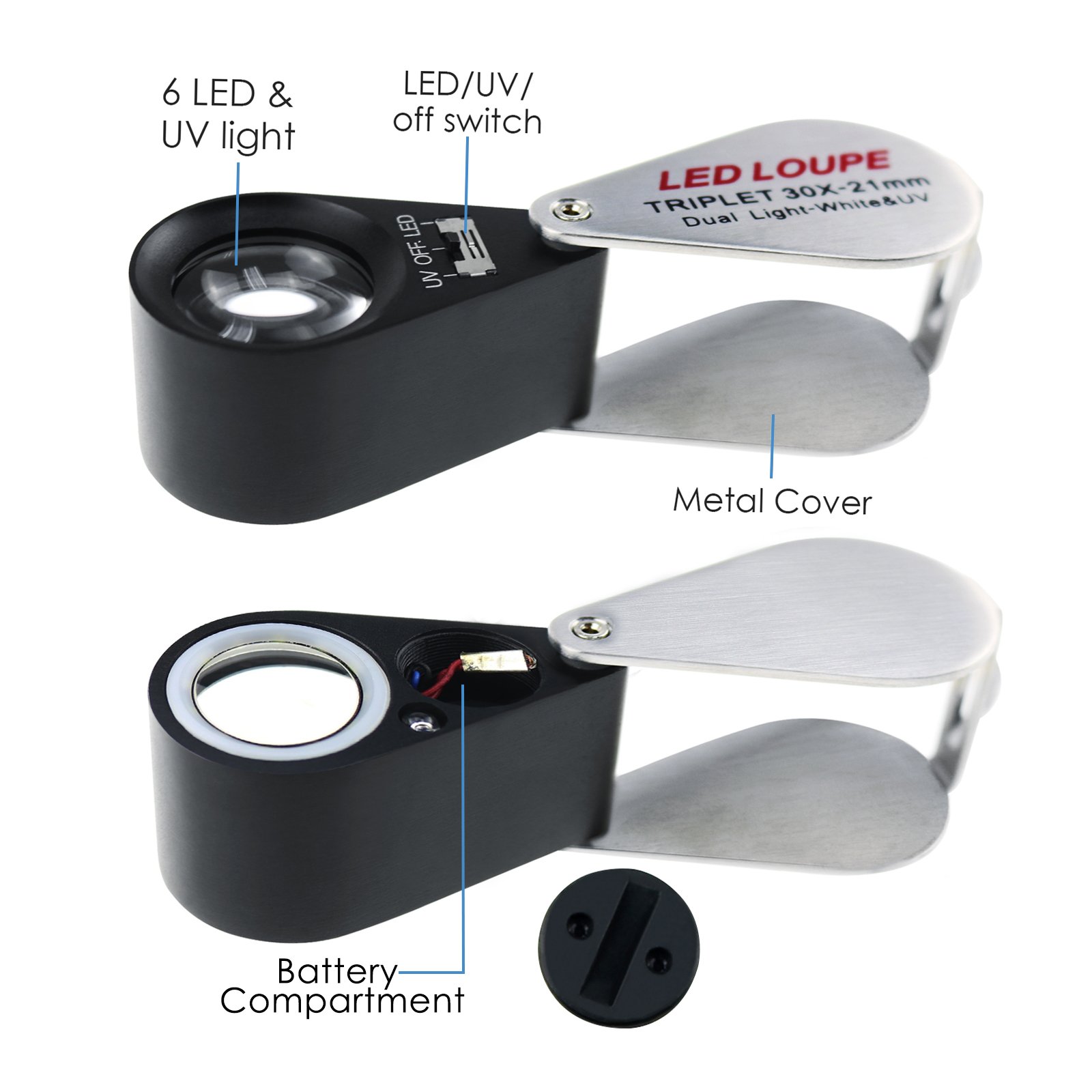 30x Magnifying Glass with LED Light - Foldable Jewelers Loupe for Jewelry, Coins, Stamps, Watches & Antiques - UV & LED Illuminated Pocket Magnifier (21mm Lens) - Perfect for Hobbyists, Gemologists & Collectors - Use for Inspection, Repair & Detailed Close-Up Work