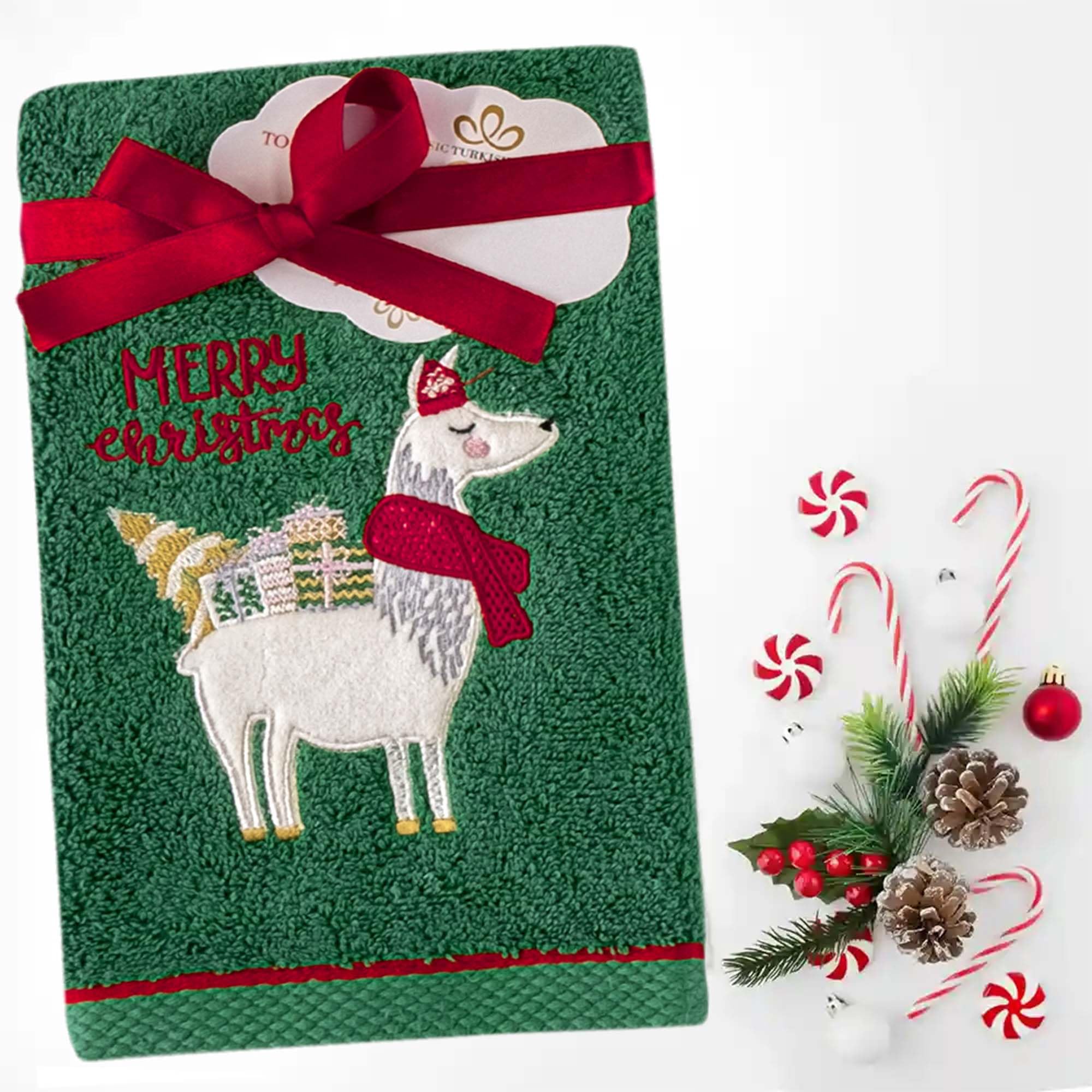 6-Piece Classic Turkish Christmas Towel Set - Embroidered Holiday Finger Hand Towels, Combed Cotton Kitchen Towels with Llama Design | Perfect for Holiday Decor, Gift Giving & Festive Kitchen Use