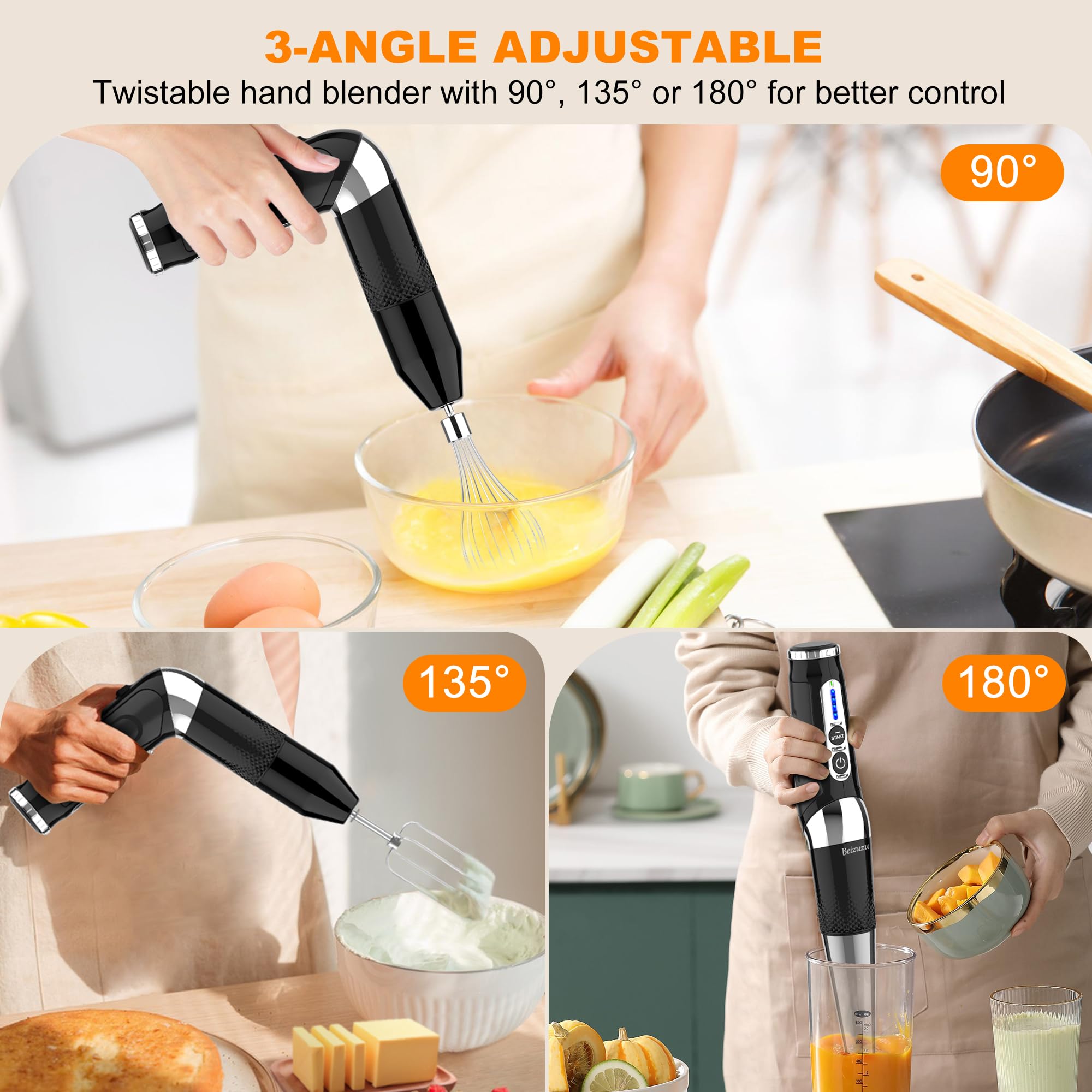 4-in-1 USB Rechargeable Cordless Hand Blender - 21 Variable Speeds & 3-Angle Adjustable Immersion Blender with 700ml Chopper, Beaker, Egg Whisk & Beater - Perfect for Smoothies, Soups, Baby Food & Baking (Black) - Ideal for Kitchen, Camping & Small Spaces