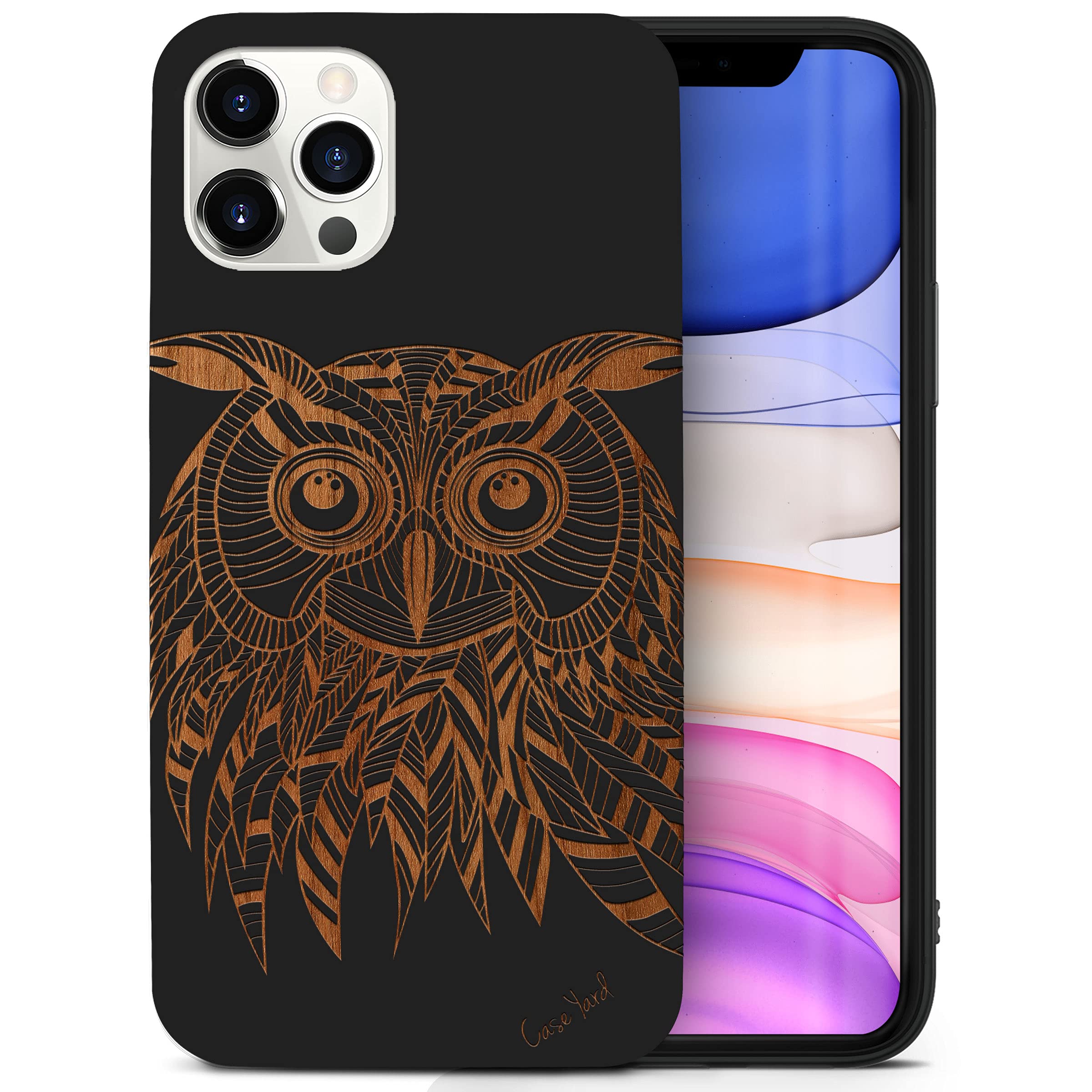 Wooden Phone Case for iPhone 11 Pro - Laser Engraved Owl Design, Black Wood Protective Cover | Slim Fit Shockproof Case for Men & Women | Perfect for Outdoor Adventures, Travel & Daily Protection