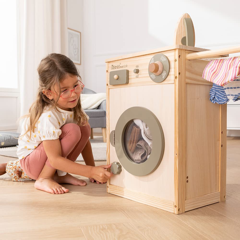 HOWA 48142 Wooden Washing Machine Toy for Kids with Clothesline, Ironing Board, Laundry Basket & Toy Iron - Pretend Play, Role Play, Early Learning & Montessori Activities