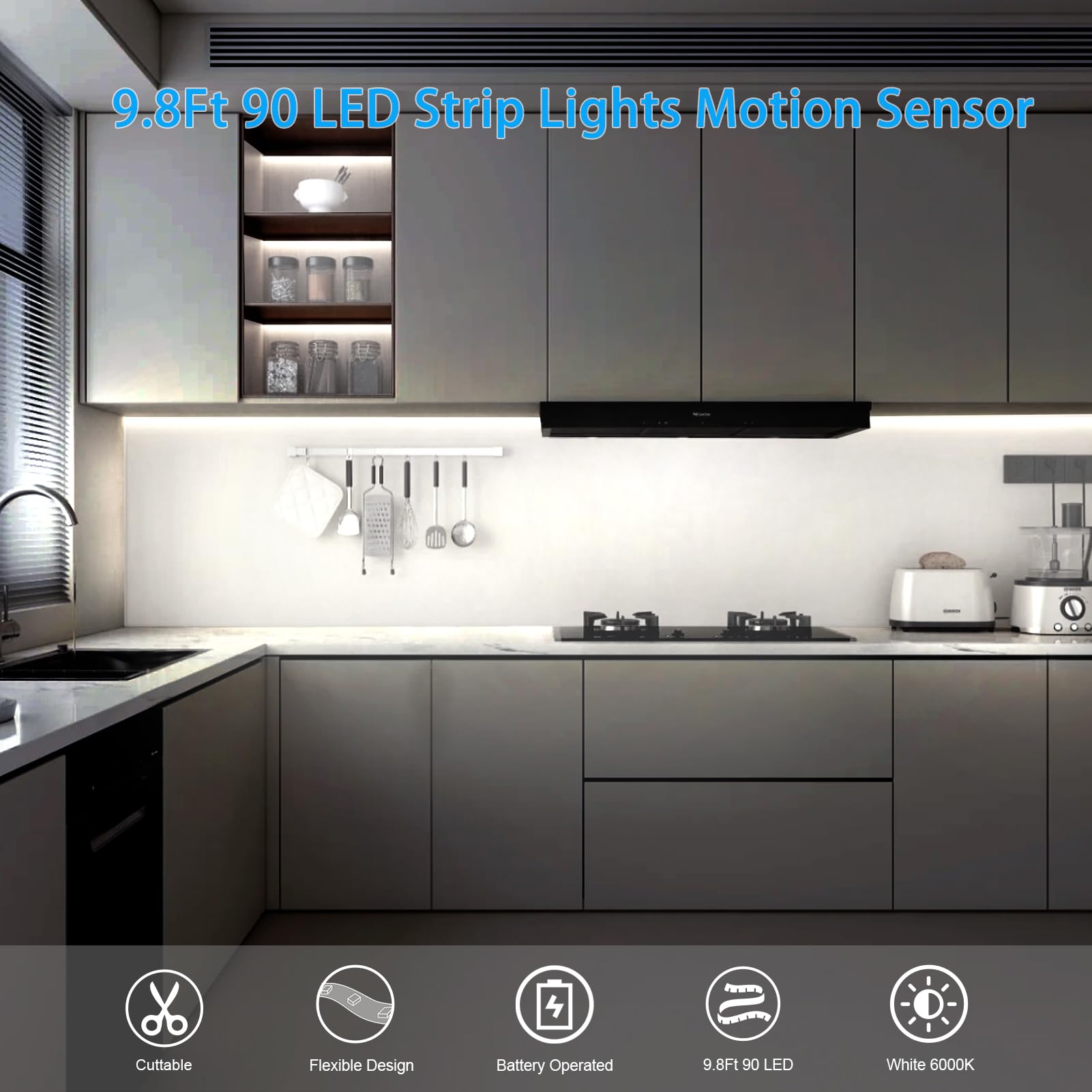 Echosari 9.8Ft 90 LED Motion Sensor Cabinet Lights - Battery Operated Strip Lighting for Kitchen, Closet, Wardrobe & Stairs - Cool White Night Sensor Safe Tape Light for Home & Office Use