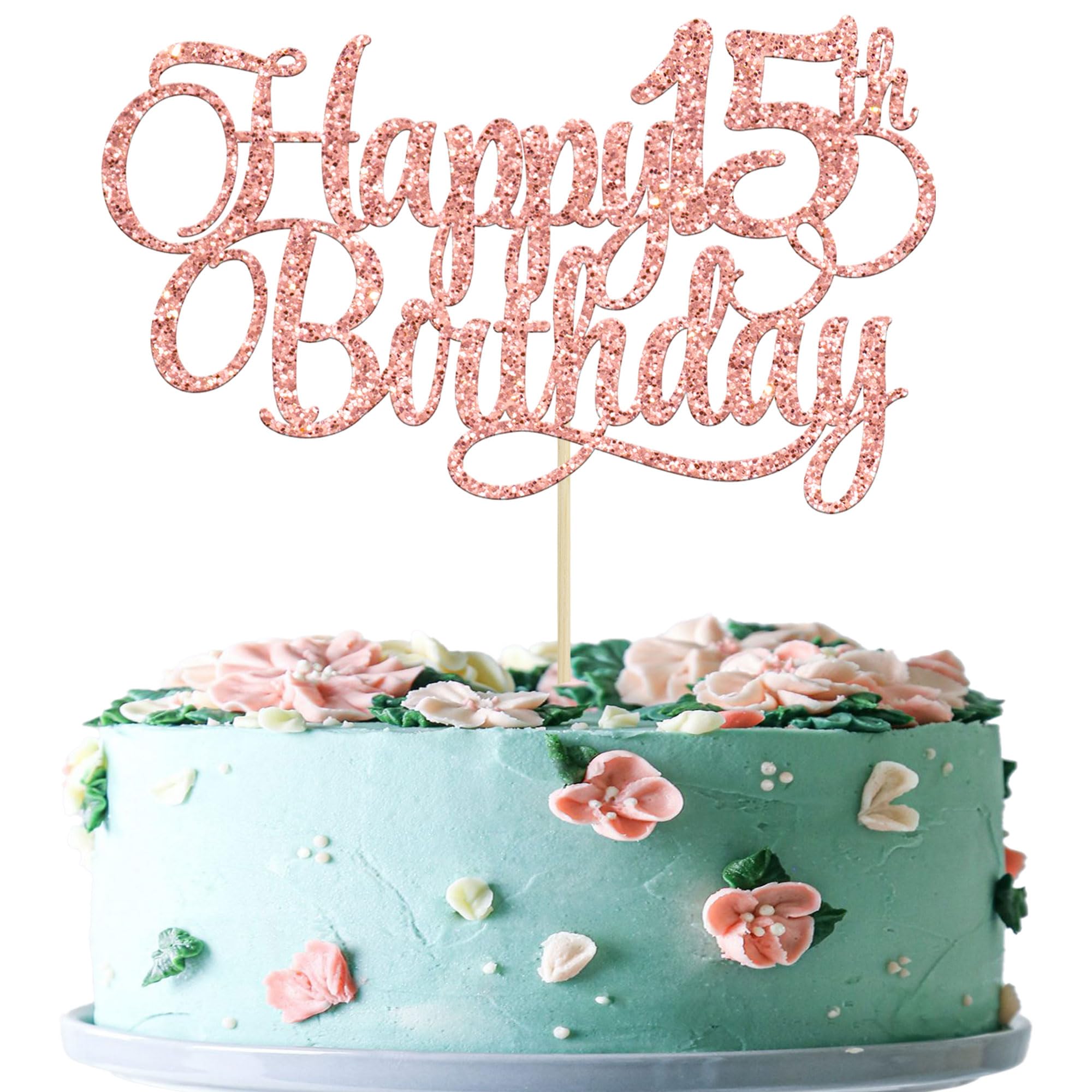 15th Birthday Cake Topper - Glitter Number 15 Cake Decorations for Fifteen Years Old Celebration | Rose Gold Party Supplies for Anniversary, Sweet 16, Quinceañera & Milestone Birthday Parties