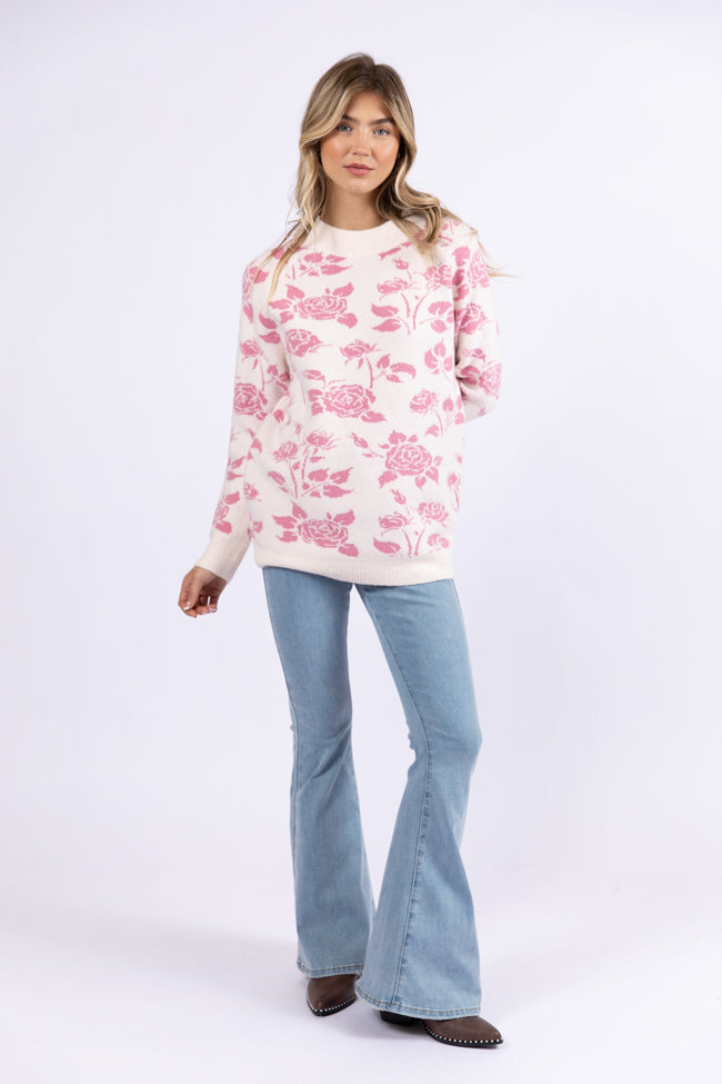 Feeling Like Love Ivory and Pink Floral Crew Neck Sweater for Women | Soft Knit Pullover | Perfect for Date Nights & Casual Outings