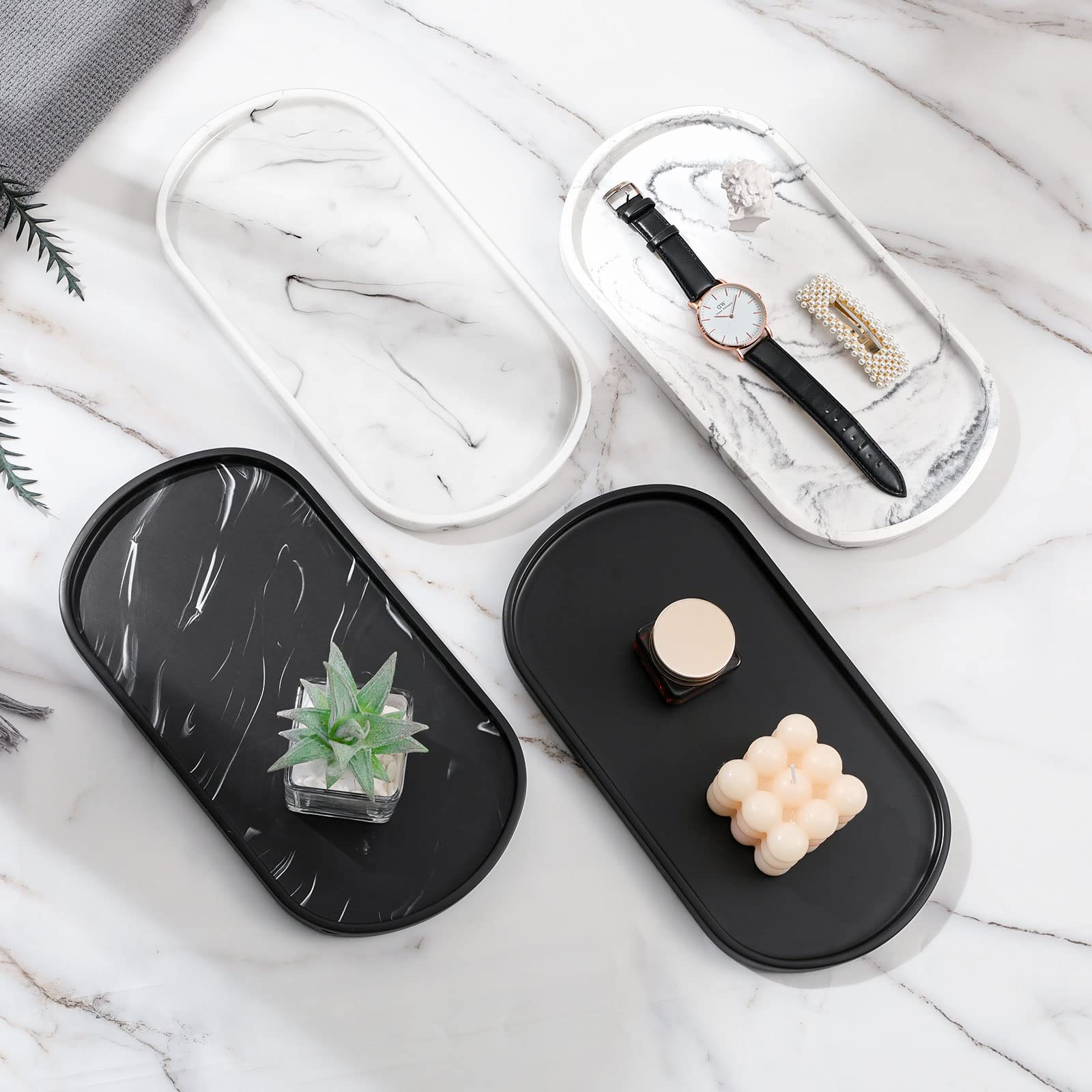 Luxspire Oval Bathroom Vanity Tray - Handmade Resin Soap Dispenser & Jewelry Organizer - Matte Black Marble Countertop Tray for Bathroom, Kitchen & Toilet Tank - Perfect for Perfume Display, Jewelry Storage & Home Decor
