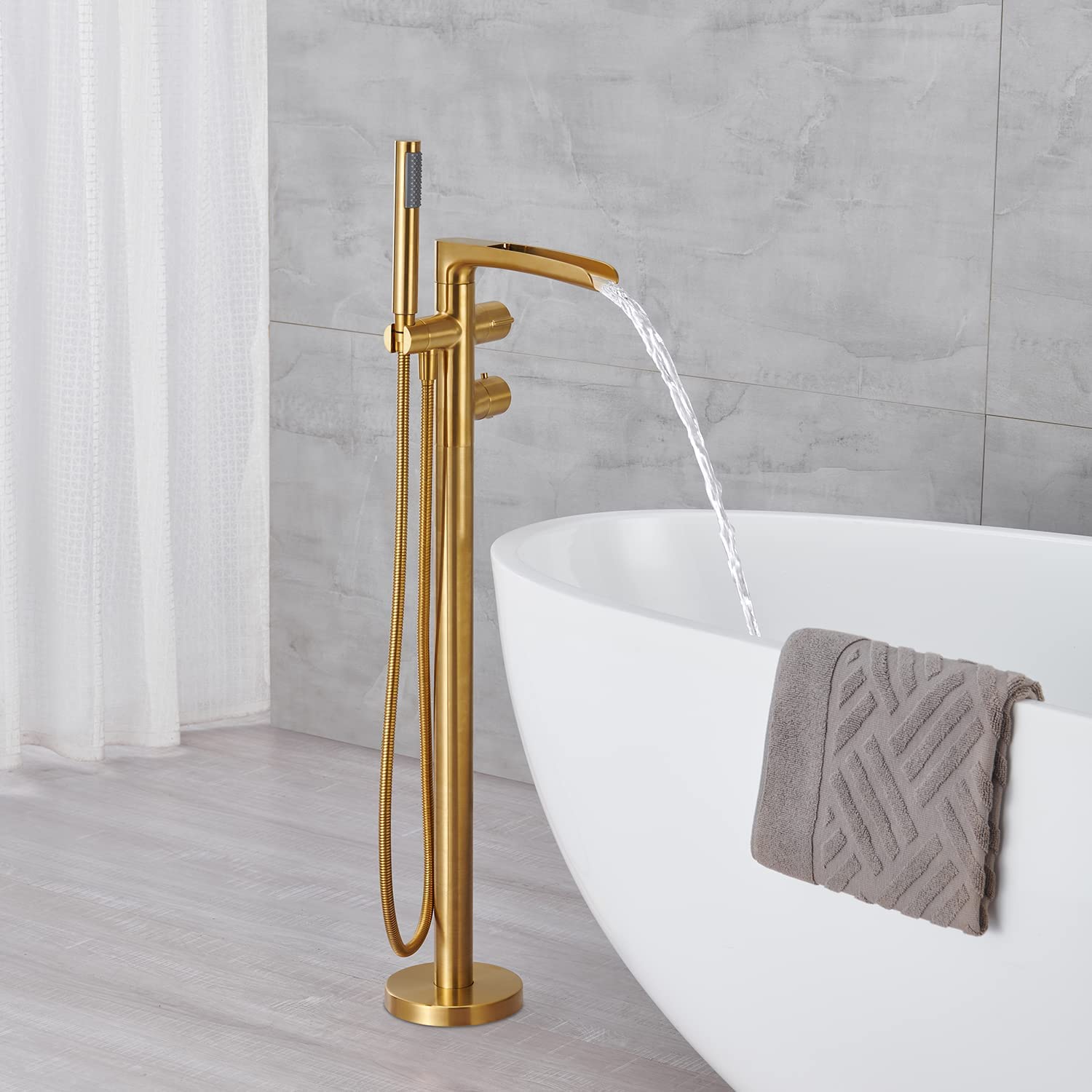 Freestanding Thermostatic Bathtub Faucet Floor Mount Waterfall Tub Filler Brushed Gold Bathroom Taps with Handheld Shower - Luxury Spa Experience for Modern Bathrooms
