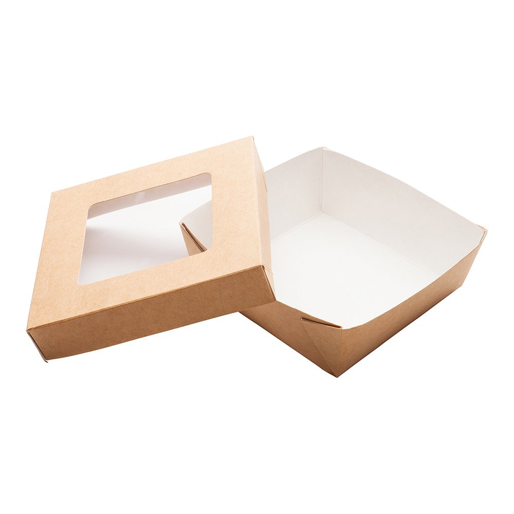 Restaurantware Cafe Vision 13oz Kraft Paper Dessert Boxes with Window - 200 Pack Detachable Lid Greaseproof Baking Boxes for Cakes, Cookies, Strawberry Gifts | Perfect for Bakeries, Dessert Shops, Party Favors & Takeout Packaging