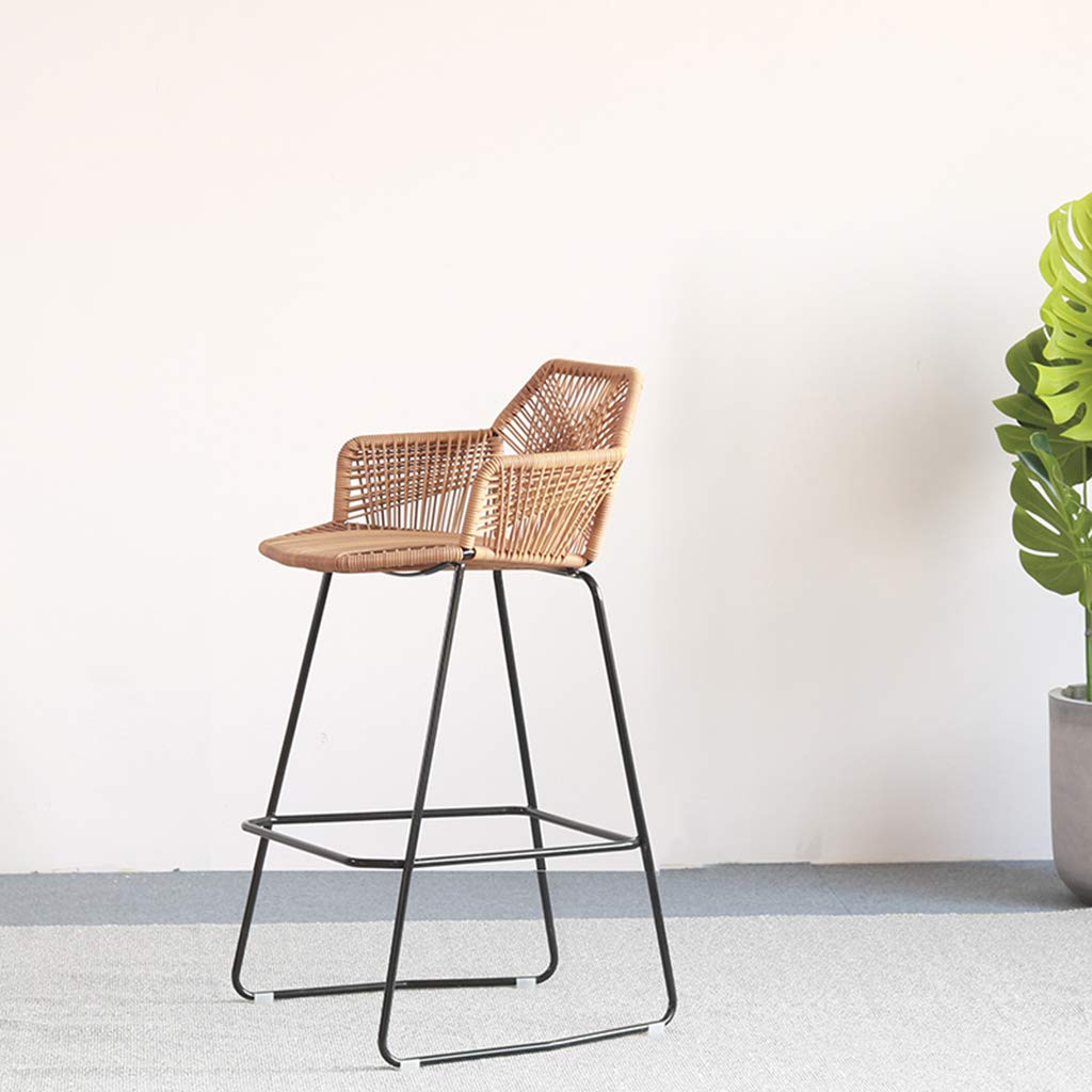 Set of 2 Modern Nordic Bar Stools with Backrest & Footrest - Black Iron Frame & Rattan Wicker Seat - Perfect for Coffee Shops, Restaurants, and Home Bars