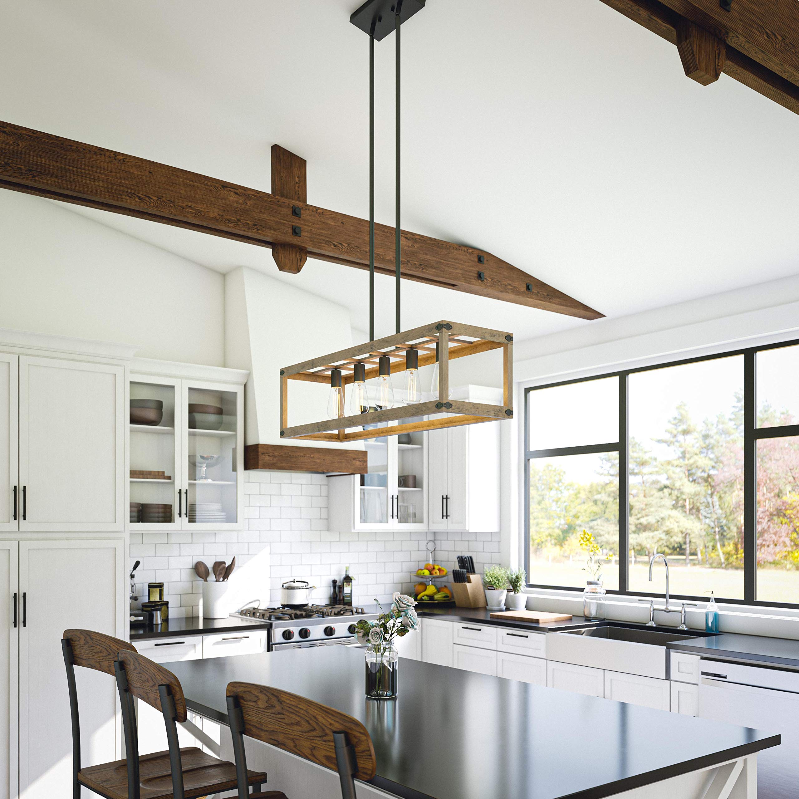 Kenroy Home 93965GRPH Swanson Island Ceiling Light - Distressed White Woodgrain with Graphite Finish - Medium Size Island Pendant Lighting for Kitchen, Dining Room & Farmhouse Decor