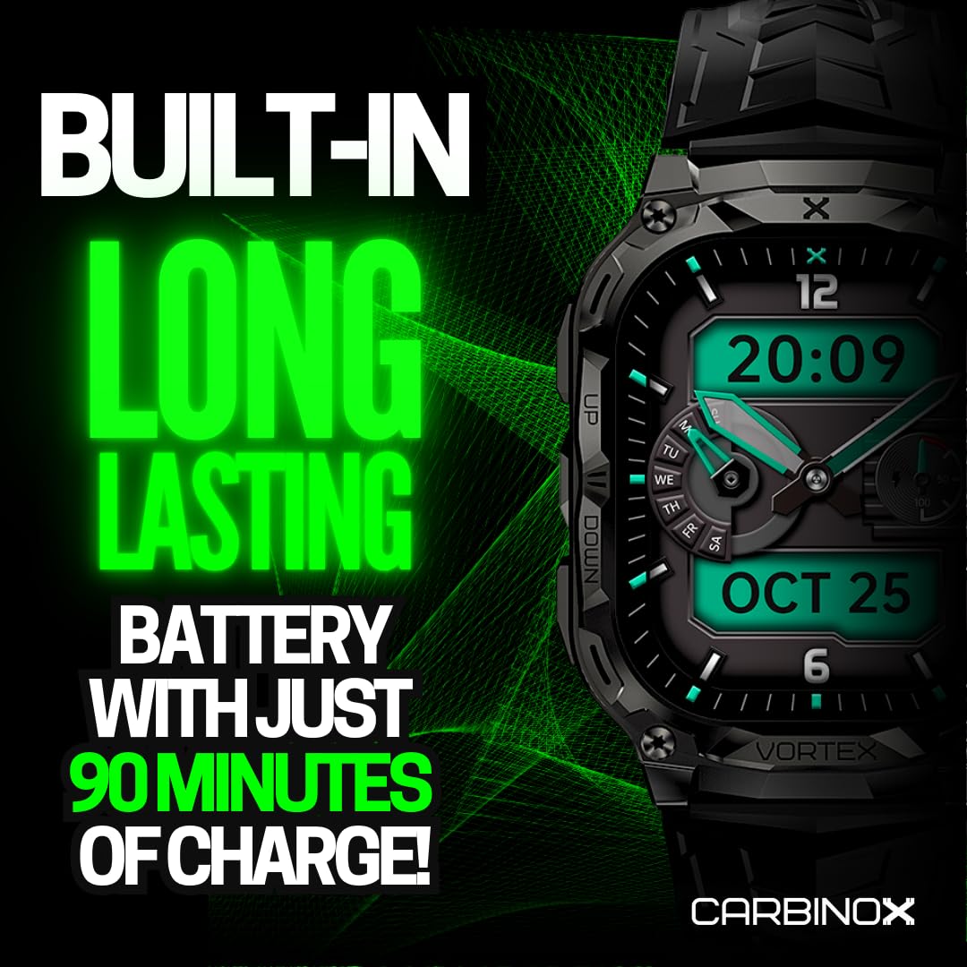CARBINOX Vortex Smart Watch with Charger - Rugged IP69K Waterproof Fitness Tracker for Android & iOS, 14-Day Battery Life, Military-Grade Durability - Perfect for Outdoor Sports, Hiking, and Daily Fitness Tracking