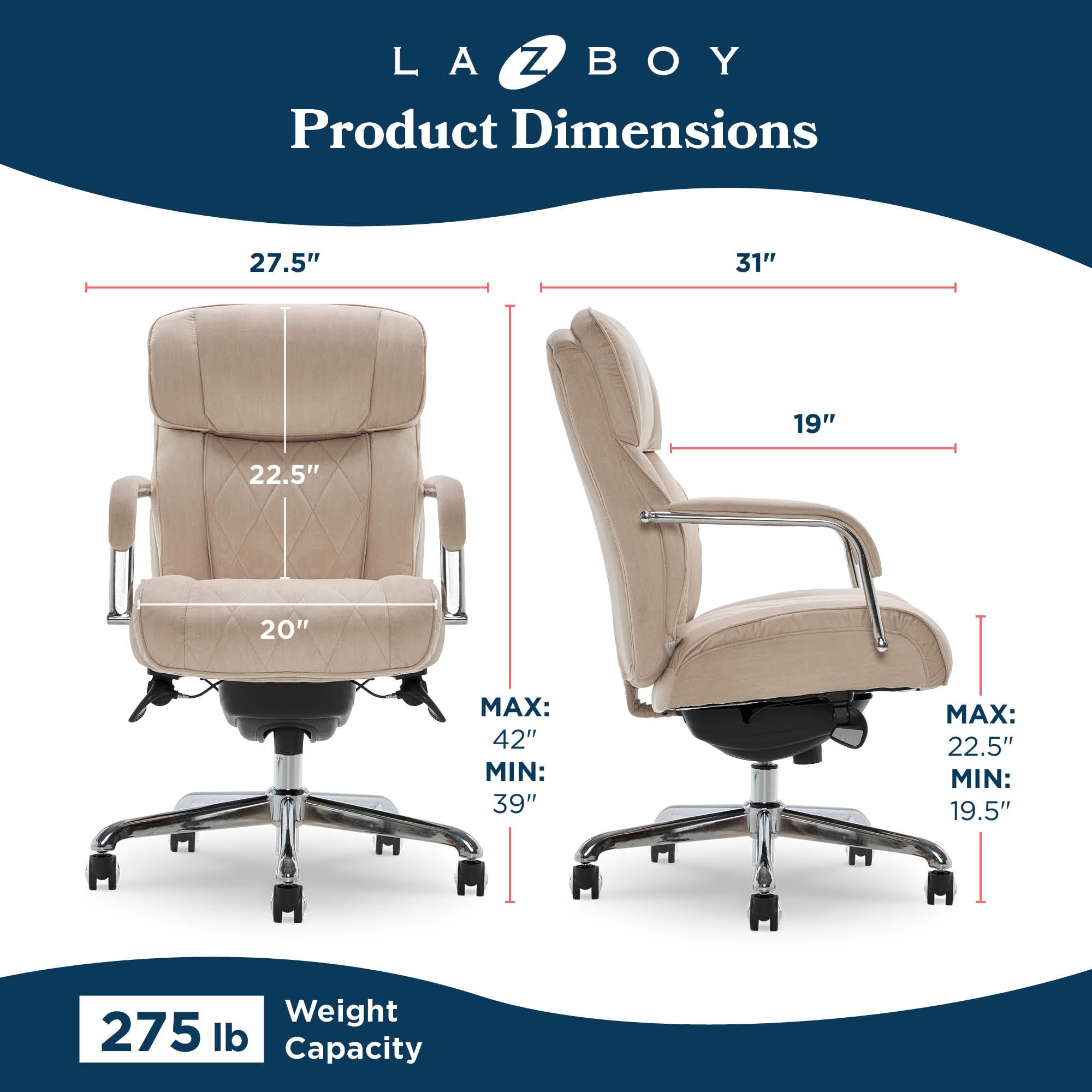 La-Z-Boy Sutherland Quilted Leather Executive Office Chair - High Back Ergonomic Desk Chair with Lumbar Support & Padded Arms - Cream Microfiber Fabric - Perfect for Home Office, Gaming & Workspaces
