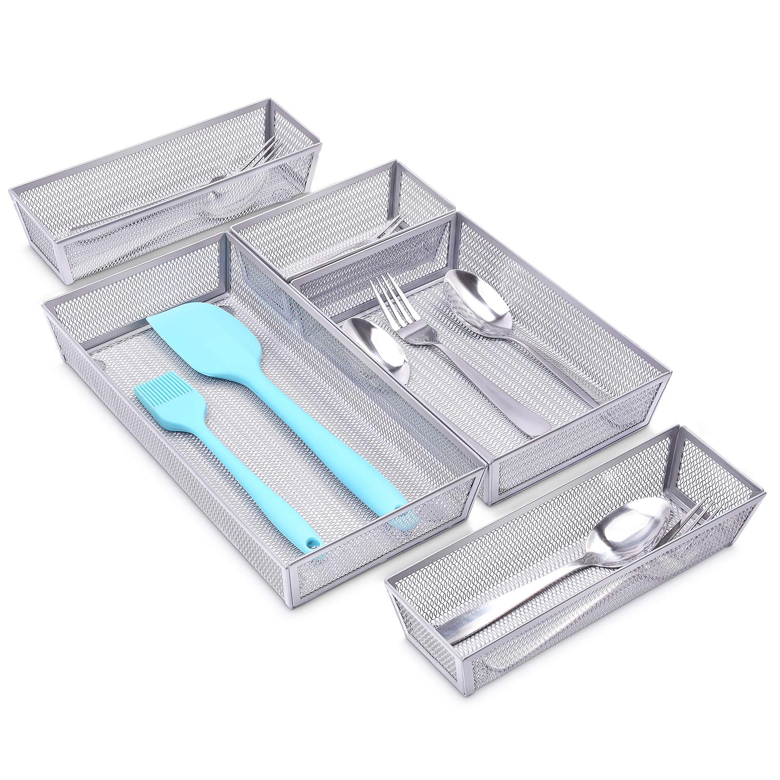 Mesh Silverware Tray Drawer Organizer - 5 Compartment Cutlery Organizer with Anti-Slip Mats for Knives, Forks & Spoons | Kitchen Utensil Storage Solution for Home & Restaurant Use (Silver)