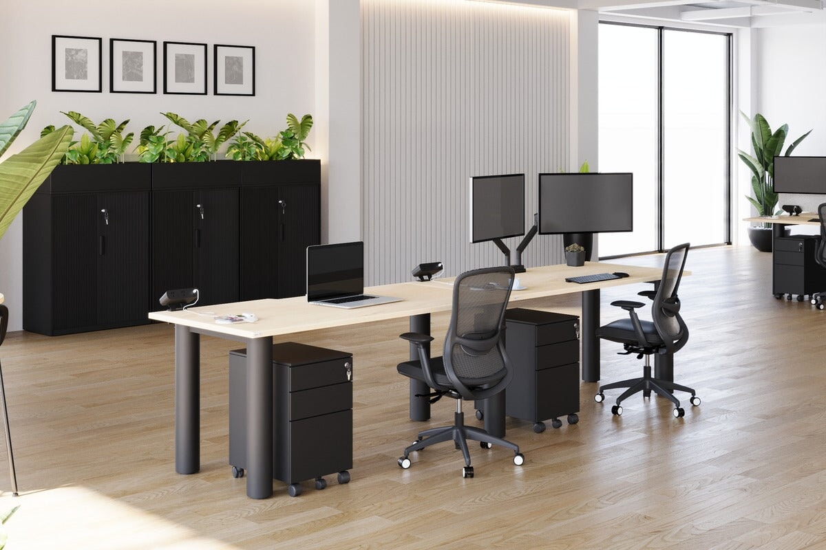 Quadro Cylinder Leg 2 Person Office Workstation Desk - 1600L x 800W with Cable Management - Perfect for Collaborative Workspaces & Shared Office Environments