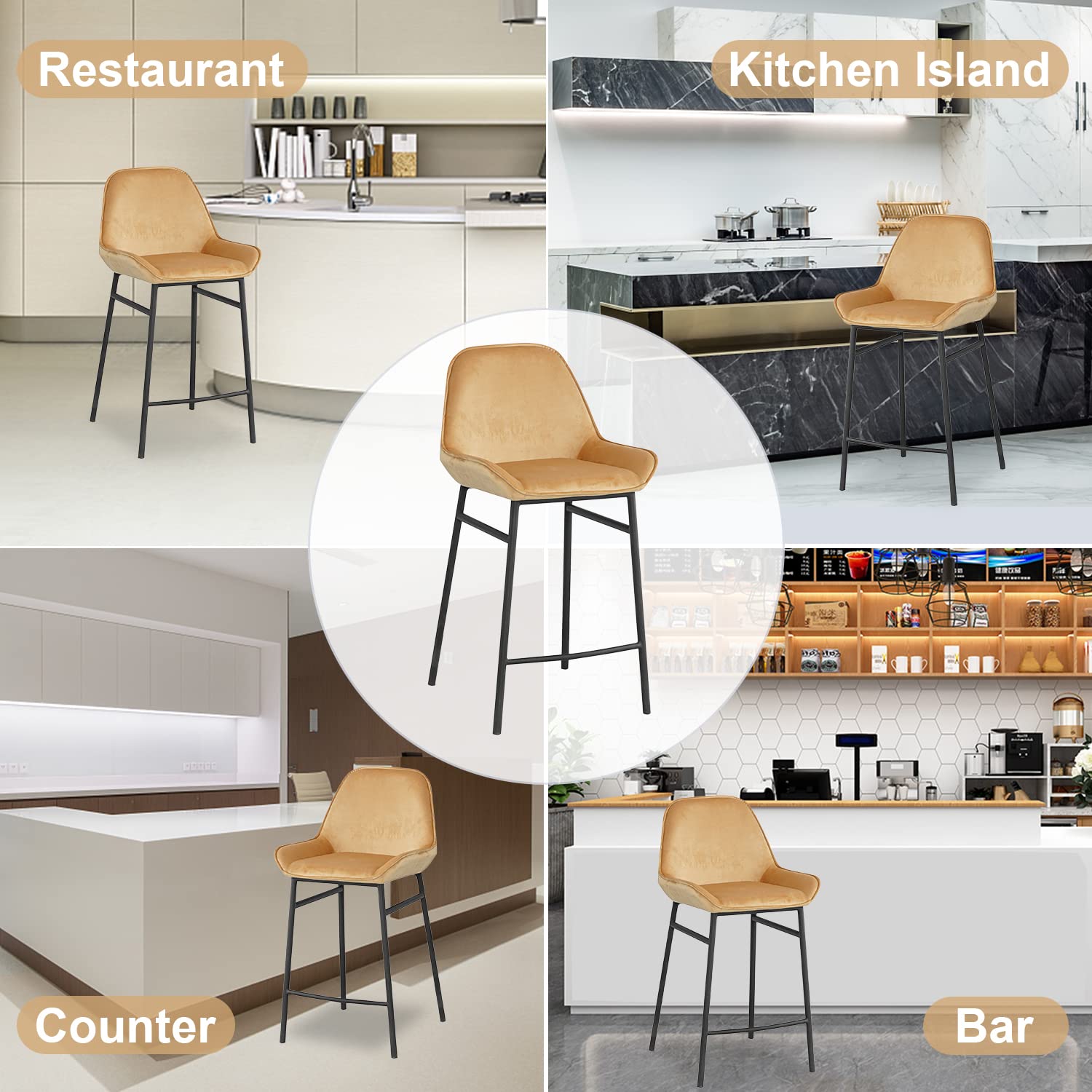 Modern Velvet Counter Height Bar Stools Set of 2 with Backrest & Footrest - Armless Upholstered Barstools for Kitchen Island, Breakfast Bar & Dining Table - Comfortable Seating for Home, Cafe & Restaurant (C-Yellow)