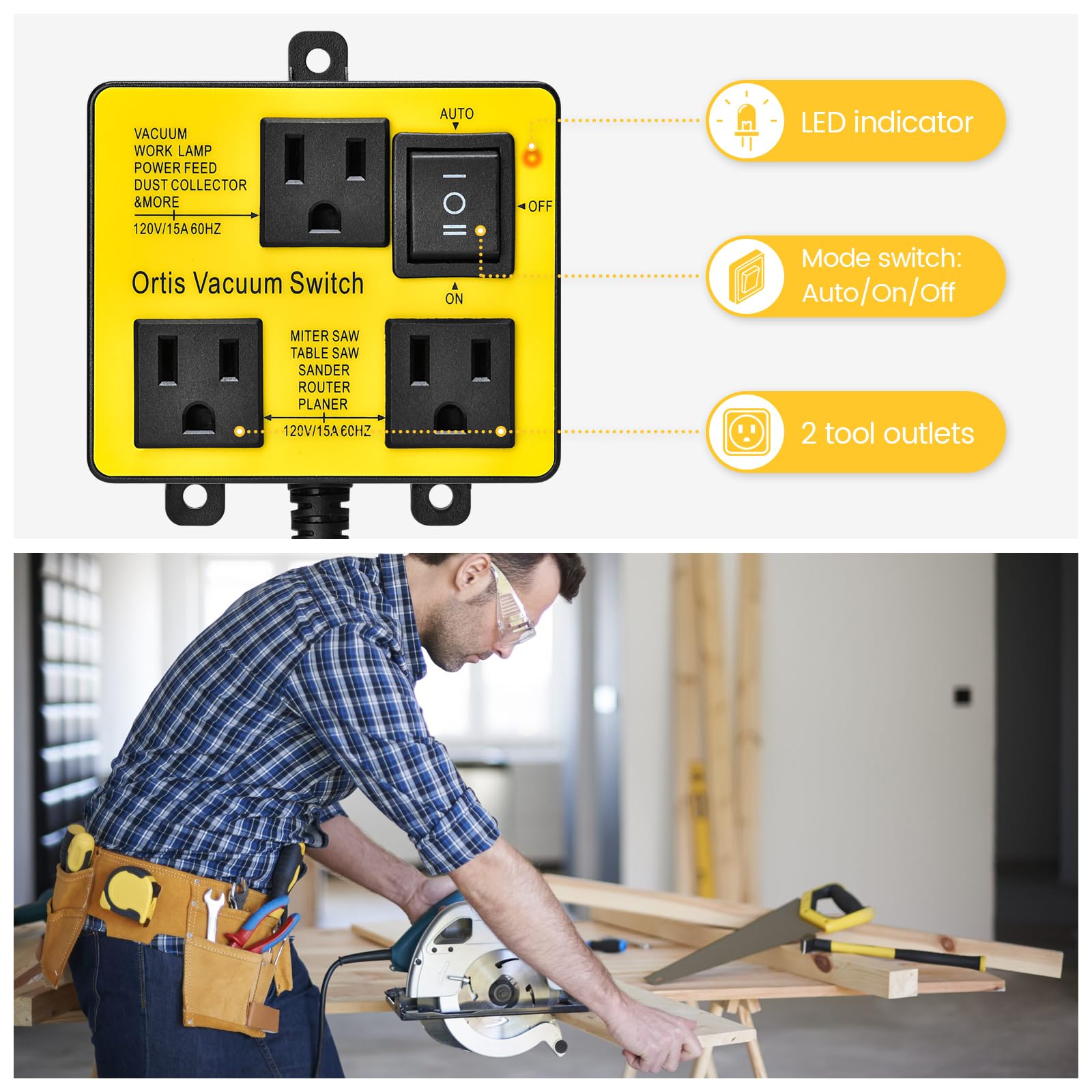 Ortis Automatic Vacuum Switch for Power Tools - Delayed On/Off Function Prevents Circuit Overload & Tripping - Keep Workshop Clean & Improve Air Quality - Ideal for Woodworking, Construction & DIY Projects