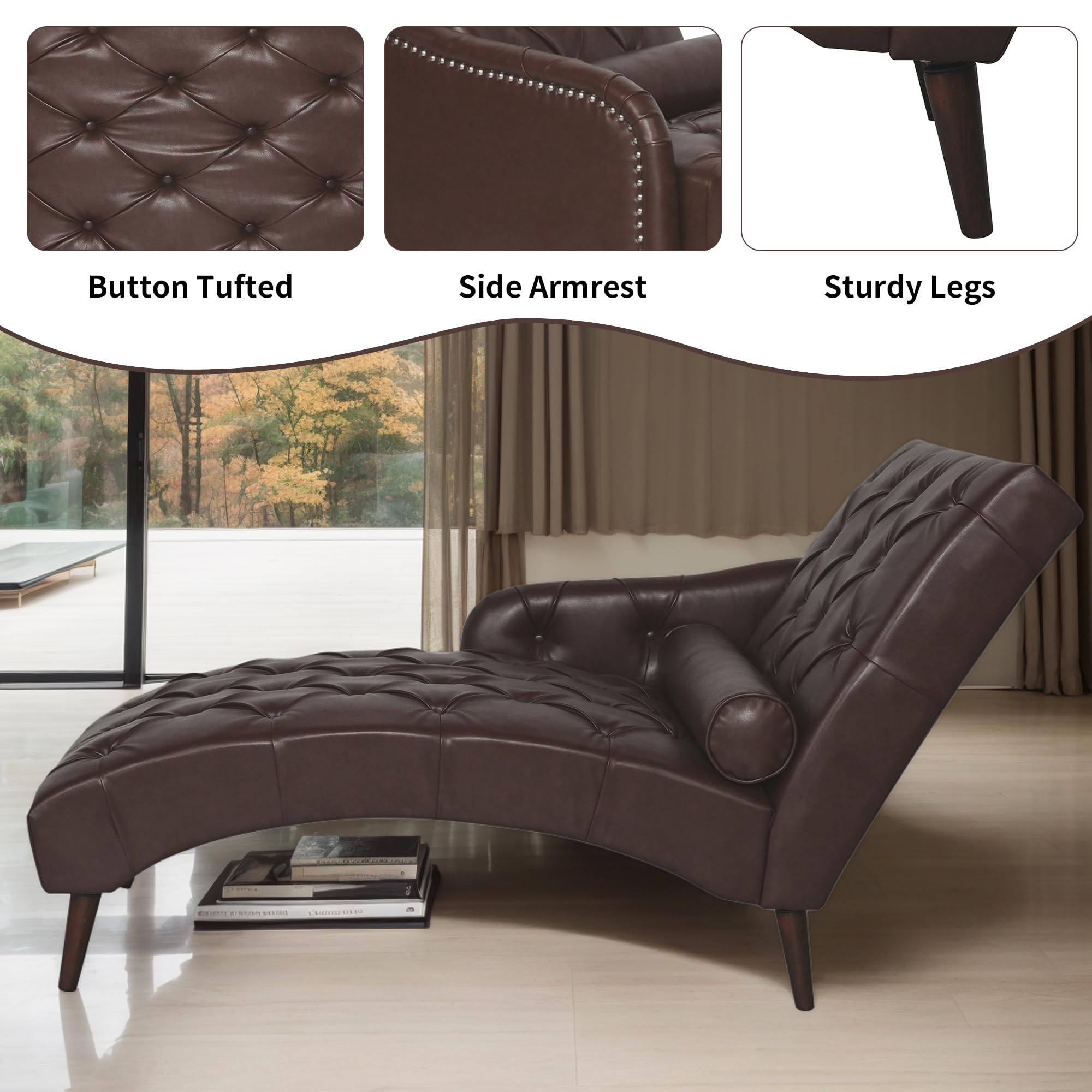 Mid Century Modern Chaise Lounge Chair - Upholstered PU Leather with Lumbar Pillow & Wood Legs - Comfy Indoor Lounge Chair for Living Room, Bedroom | Perfect for Relaxing, Reading & Napping