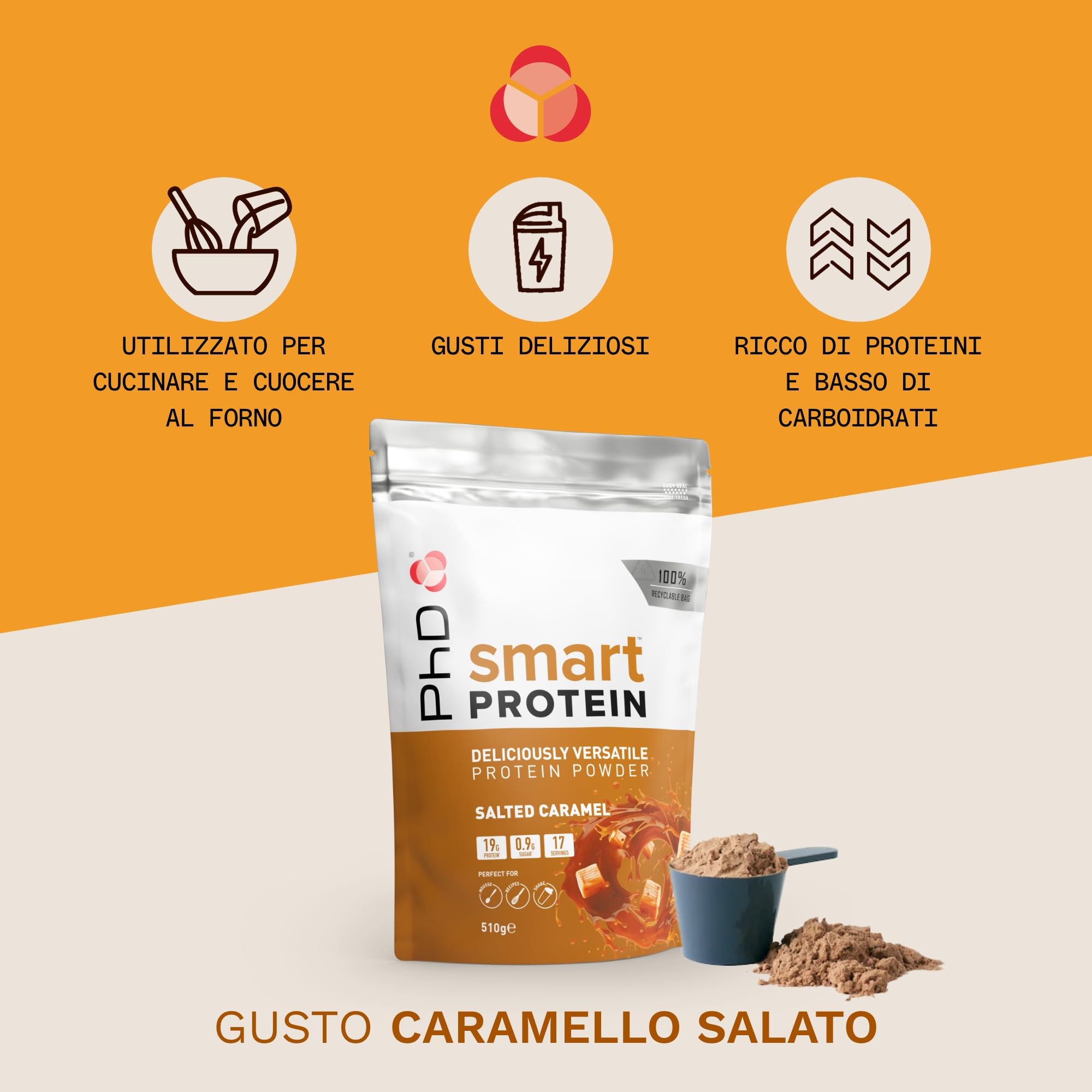 PHD Smart Protein Powder - Salted Caramel Flavor (510g) | Whey Protein Isolate for Muscle Recovery & Weight Management | Perfect for Post-Workout Shakes & Healthy Snacks