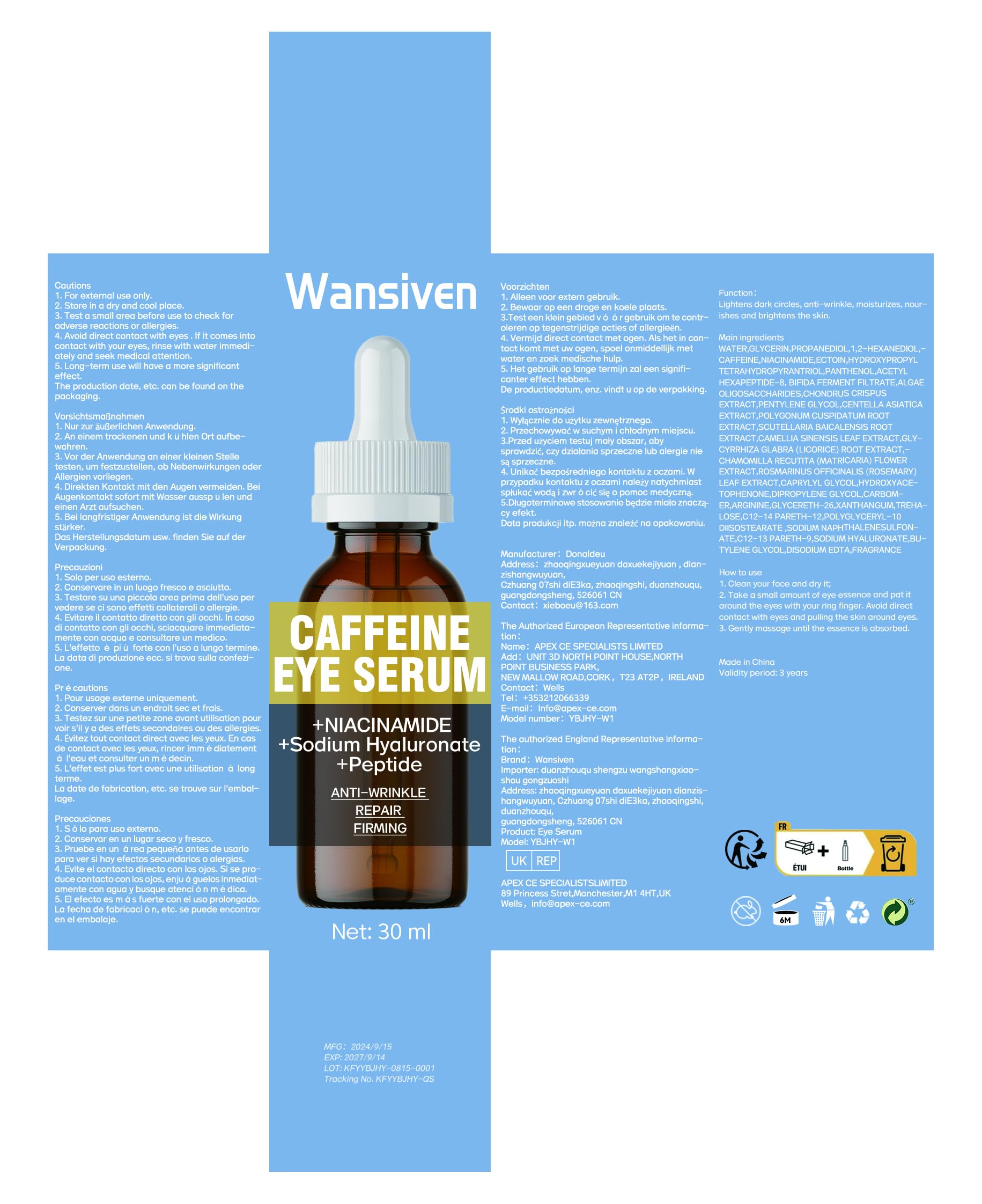 Wansiven Caffeine Eye Serum for Dark Circles & Puffy Eyes - Anti Wrinkle Repair, Lifting & Smoothing Eye Cream with Hyaluronic Acid & Niacinamide - Skincare for Men & Women, 30 ml - Perfect for Morning & Night Routine, Travel & Daily Use