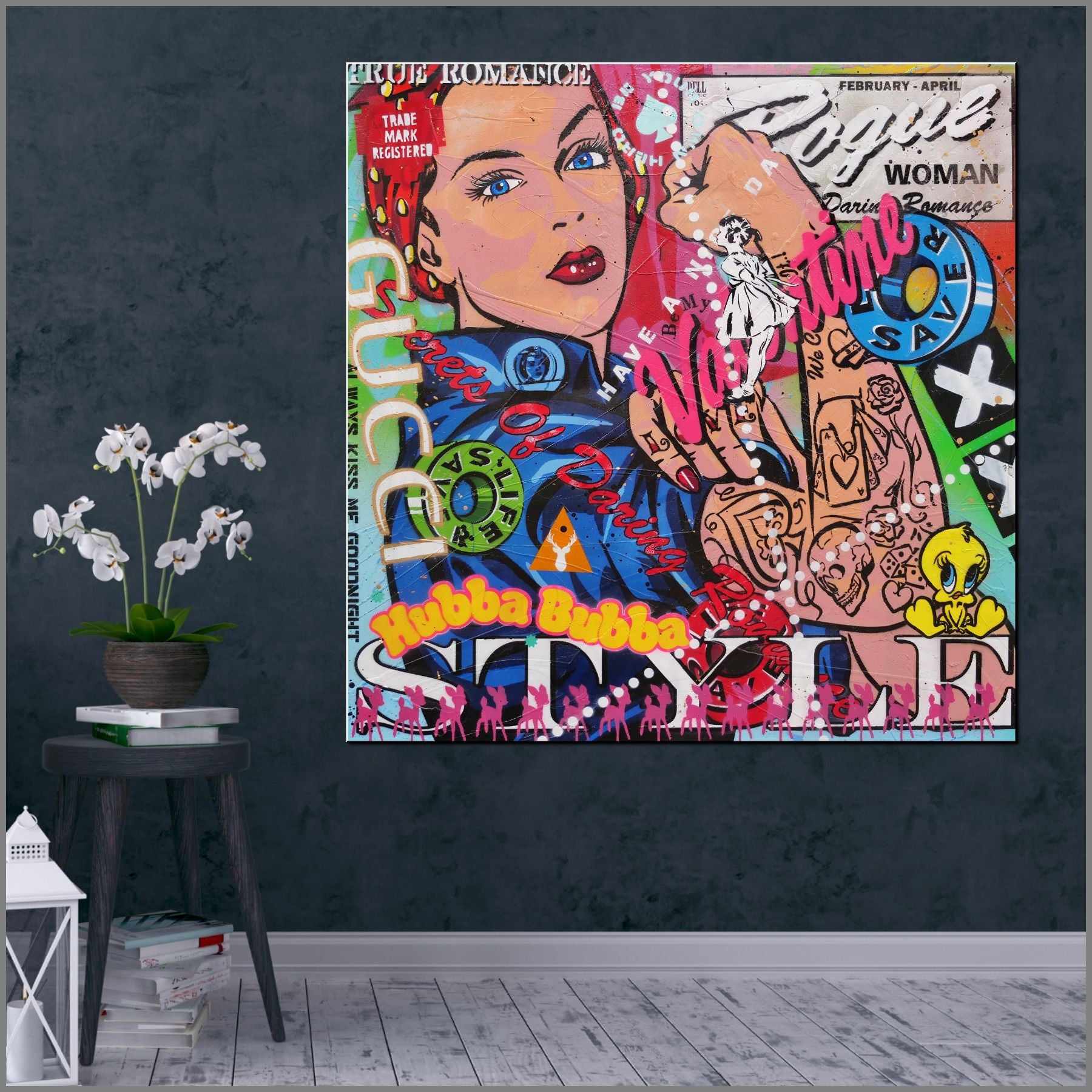 Hubba Bubba Rosie 100cm x 100cm Rosie The Riveter Textured Urban Pop Art Canvas Painting - Vintage Wall Decor for Living Room, Bedroom & Office