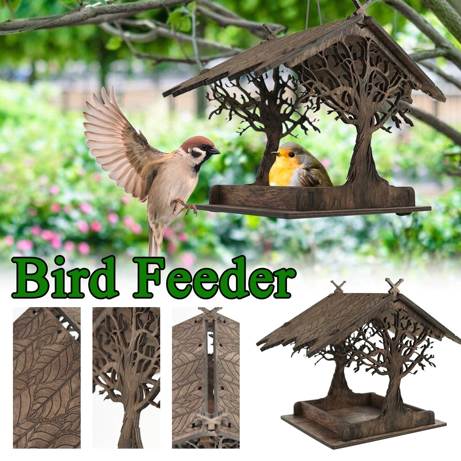 Premium Wooden Bird Feeder for Outdoor Garden - Hanging Bird Cage Decor for Patio, Backyard & Balcony - Attracts Wild Birds - Perfect for Bird Watching & Nature Lovers (Brown)