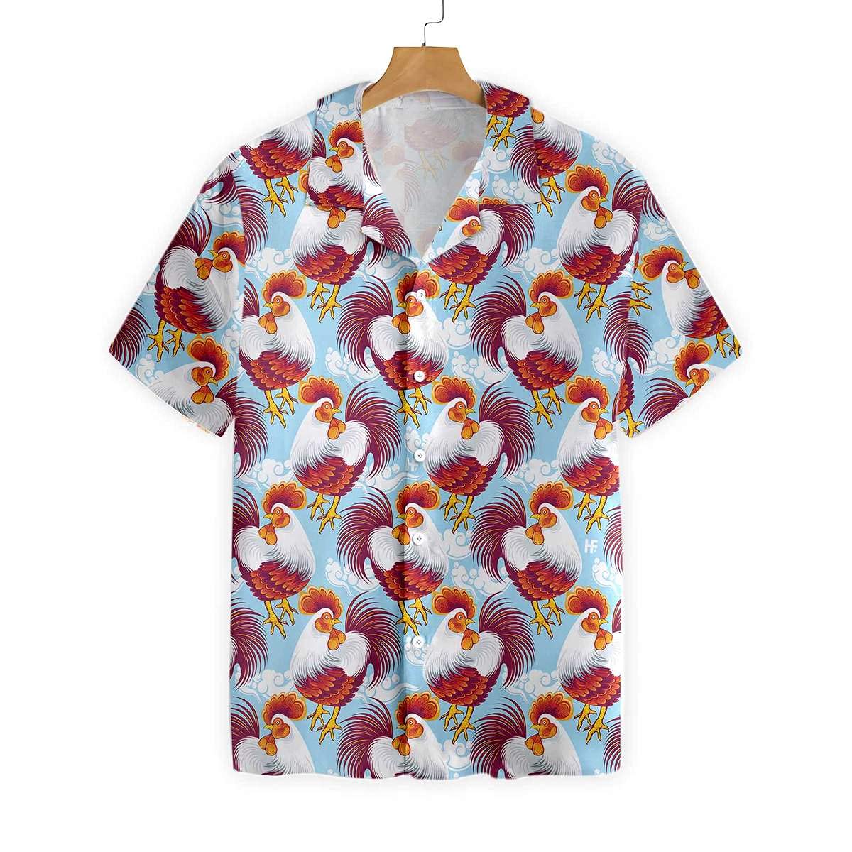 HYPERFAVOR Men's Casual Short Sleeve Rooster Print Hawaiian Shirts - Symbolic Chicken Graphic Tees for Summer - Perfect for Beach Parties, Luau Events & Tropical Vacations