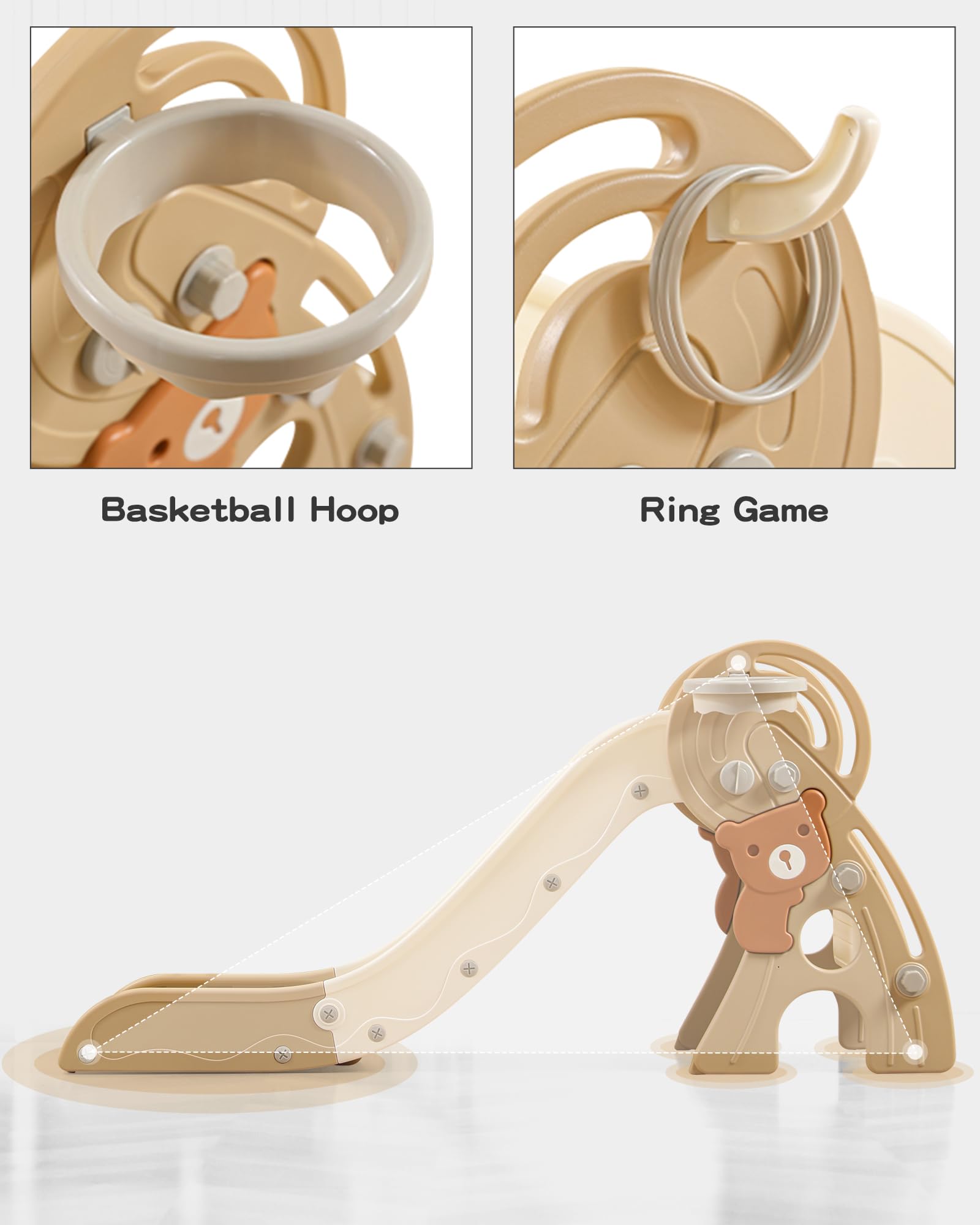4-in-1 Foldable Toddler Slide with Basketball Hoop | Indoor & Outdoor Plastic Play Slide for Kids Ages 1-3 | Perfect for Backyard, Playroom & Birthday Parties (Brown)