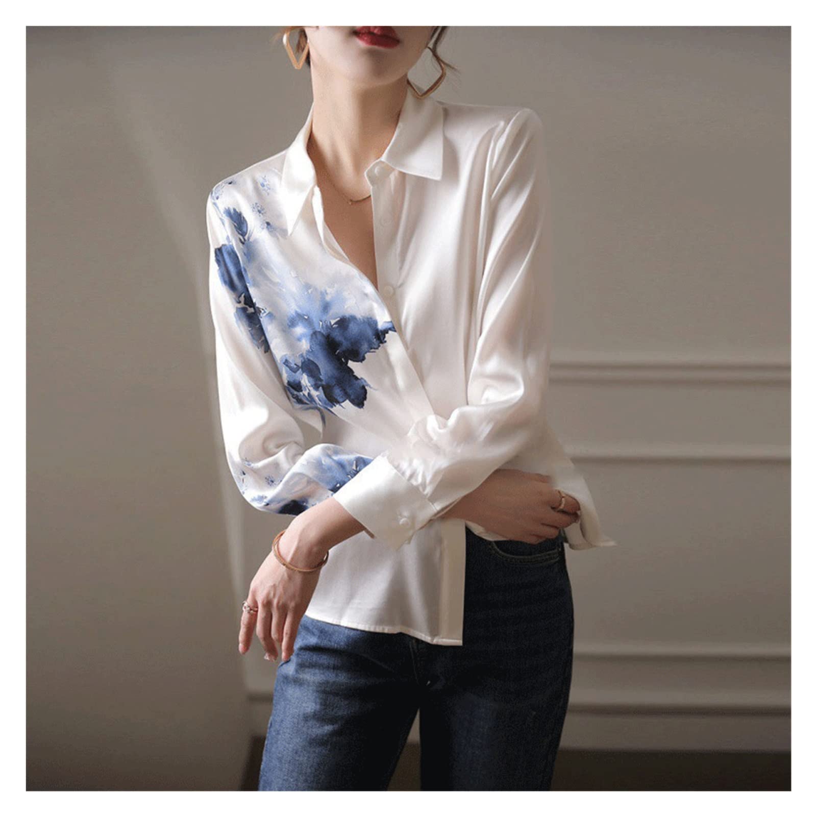 WALNUTA Women's Korean Style Chiffon Blouse - Spring Summer Long Sleeve Satin Shirt with Turn-Down Collar | Office Wear, Casual Outfits & Date Night Fashion