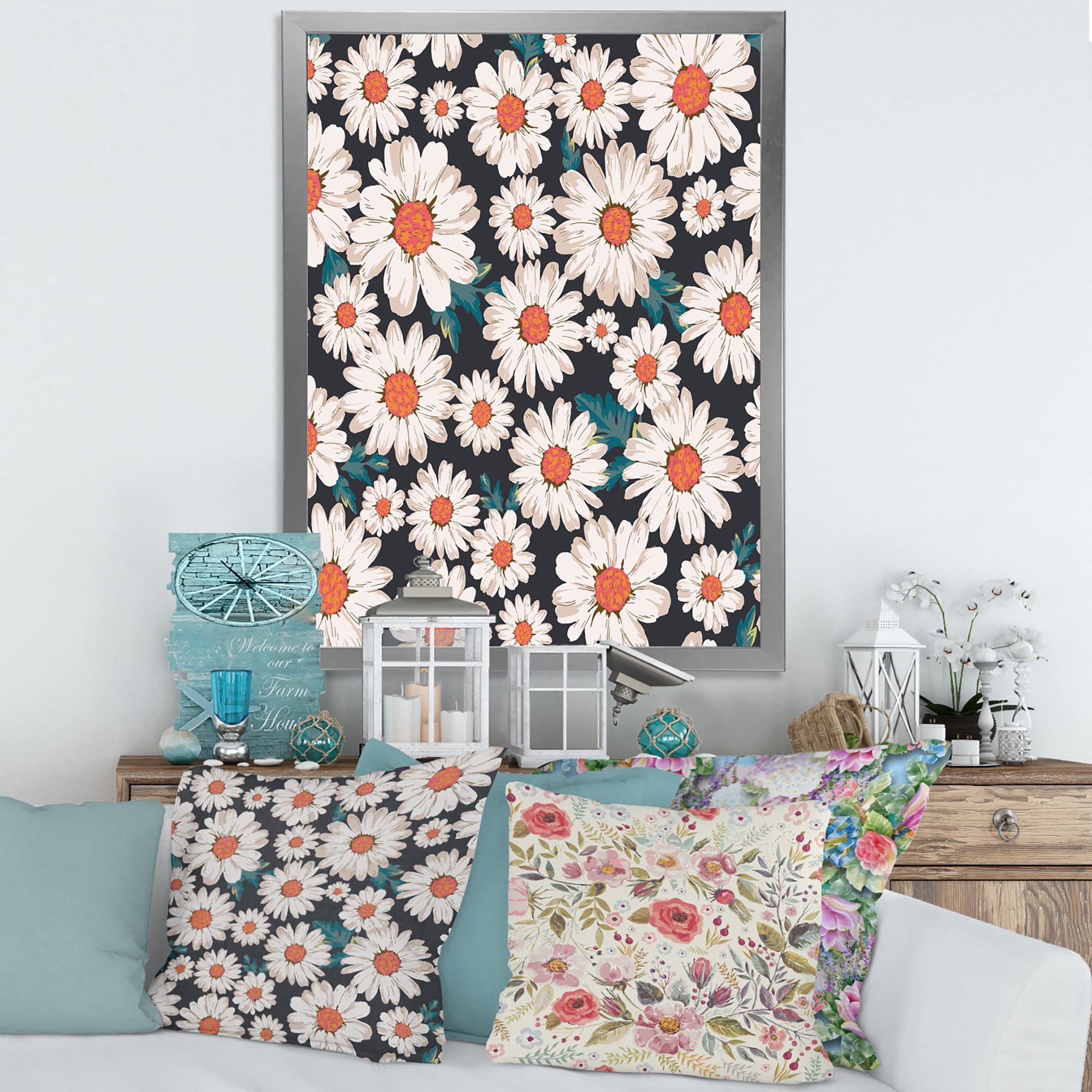 White Daisy Flowers Framed Wall Art - Traditional Home Decor for Living Room, Bedroom & Office