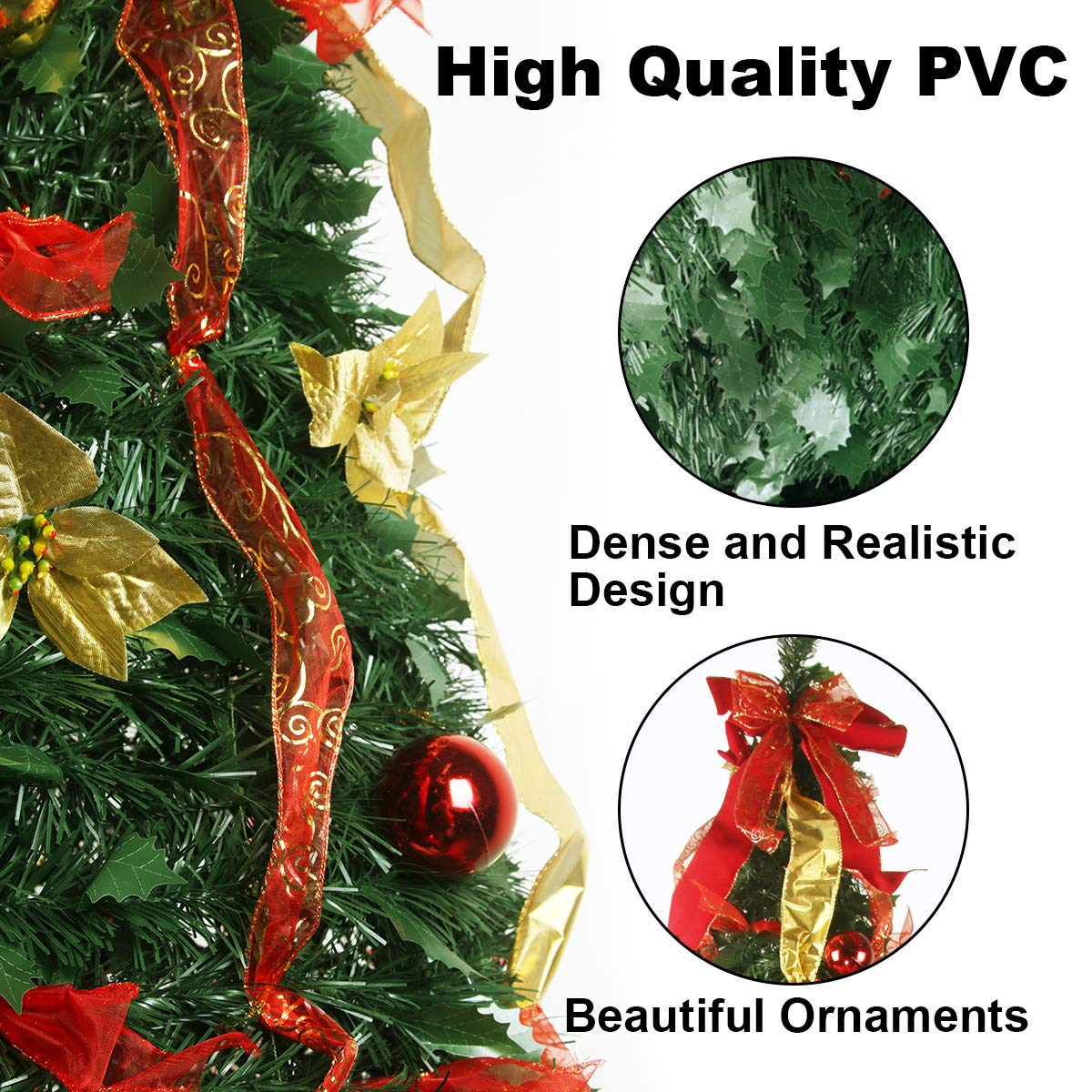 6FT Pre-Lit Pull Up Artificial Christmas Tree with LED Lights, Decorations & Remote - Red, Gold Ornaments, Bows & Ribbons | Perfect for Home, Office & Holiday Party Decor