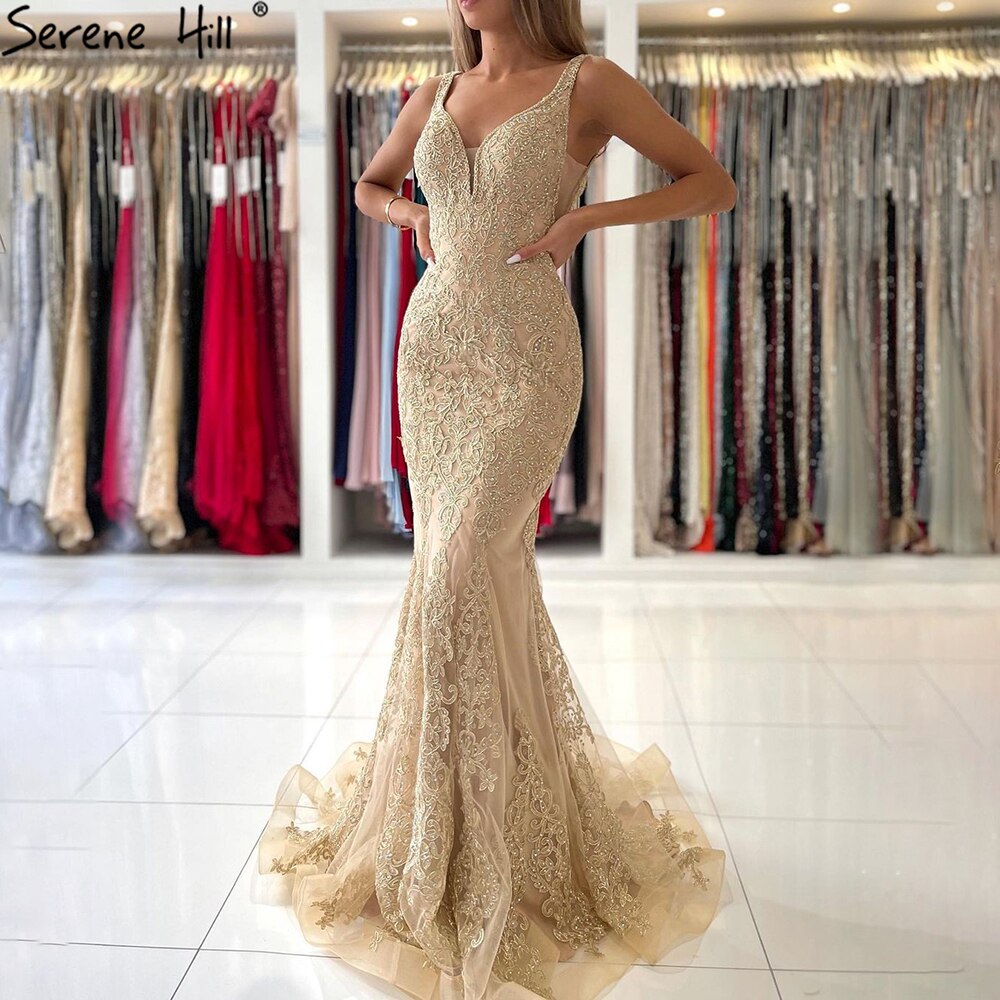 Serene Hill Gold Mermaid Evening Gown 2025 - Elegant Lace Beaded Luxury Dress for Women | Formal Party, Prom, Wedding Guest, Red Carpet Events