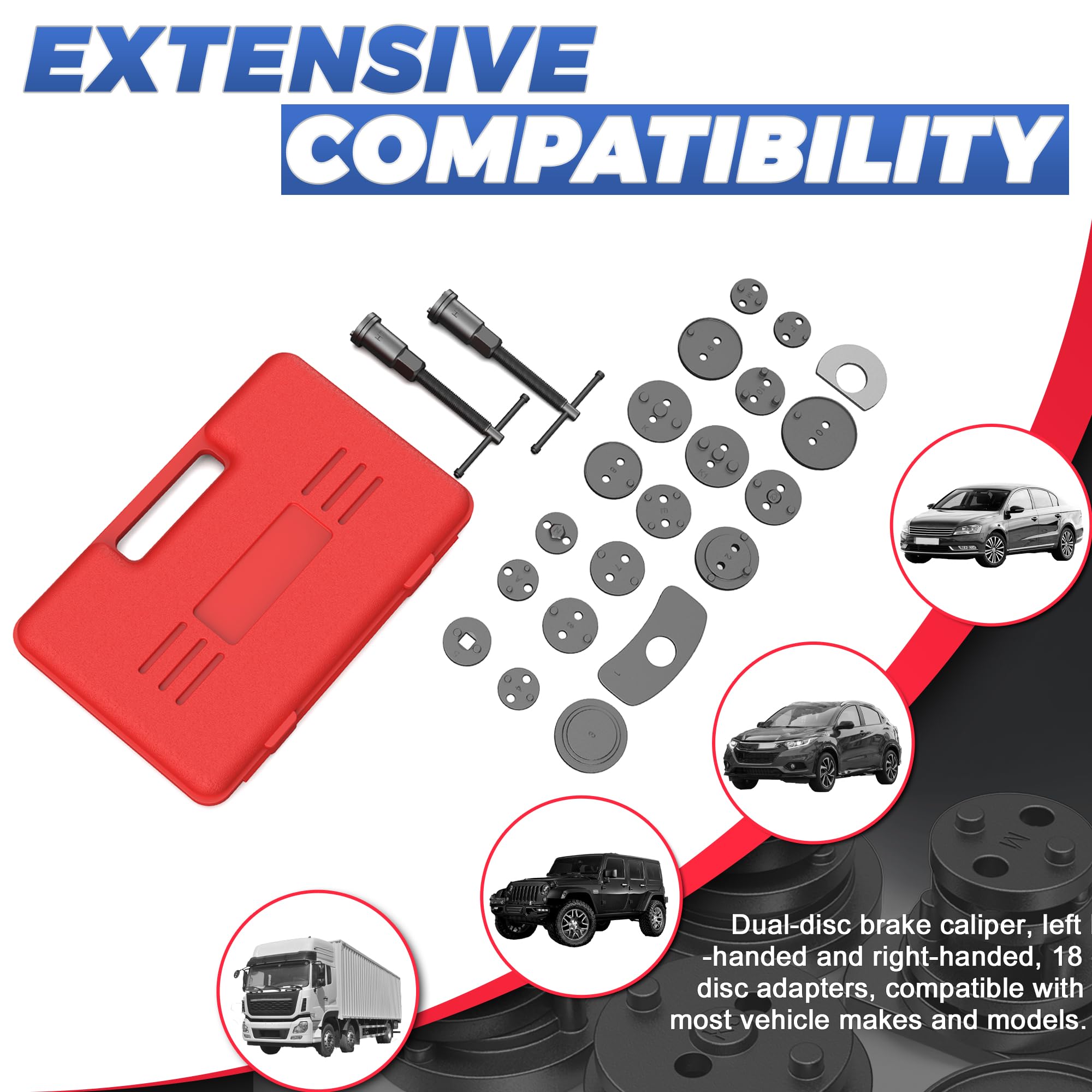 Heavy Duty Universal Disc Brake Caliper Piston Compressor Tool Kit - 28 Piece Wind Back Set for Brake Pad Replacement with Hanger Hooks | Perfect for DIY Car Maintenance & Professional Auto Repair Shops