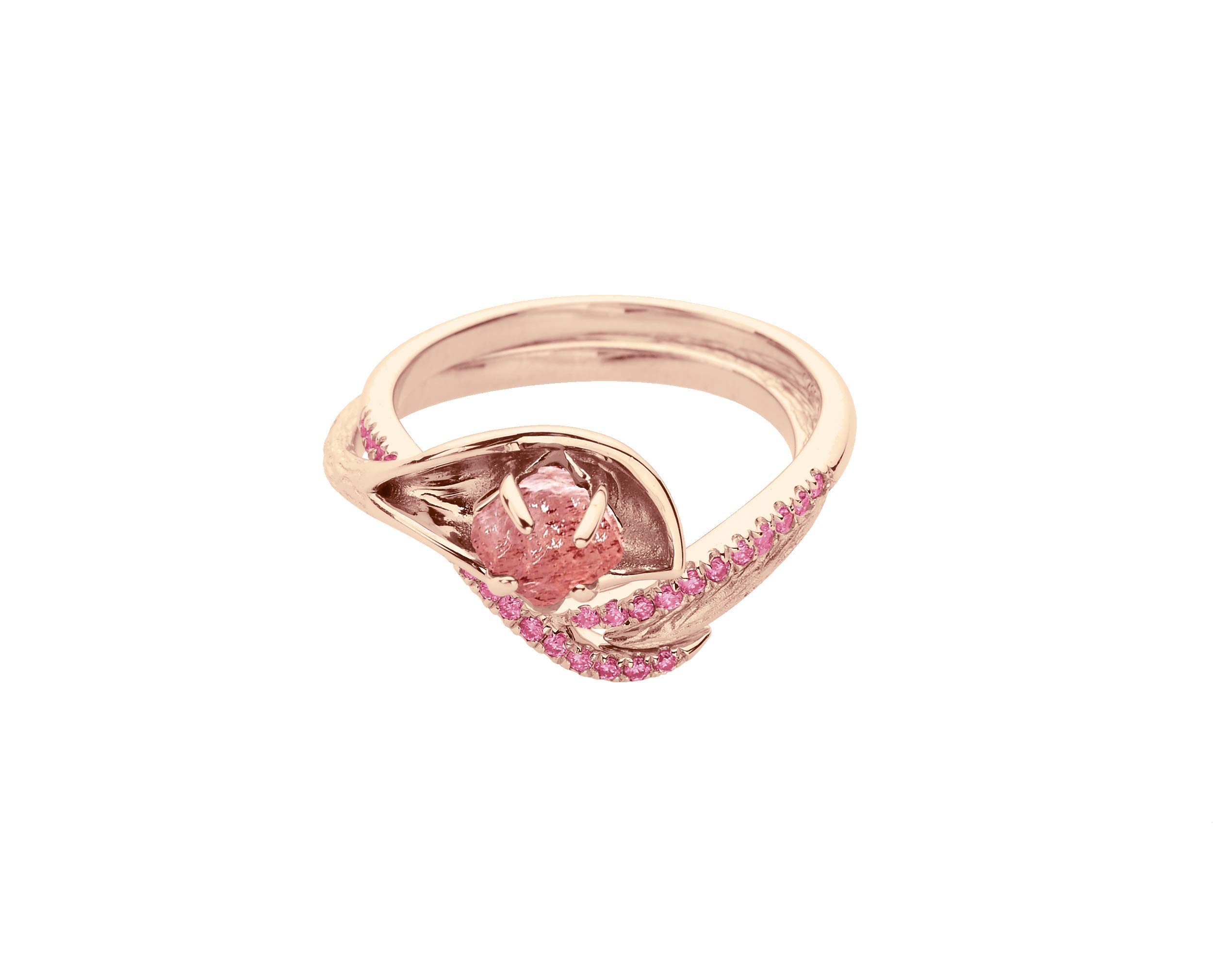 Majade Lily Wedding Ring Set - Raw Rose Quartz Engagement Ring & Pink Sapphire Wedding Band Bridal Set in 14K Gold | Handmade Twig Wood Texture, Nature-Inspired Floral Matching Rings for Brides, Anniversaries & Romantic Gifts