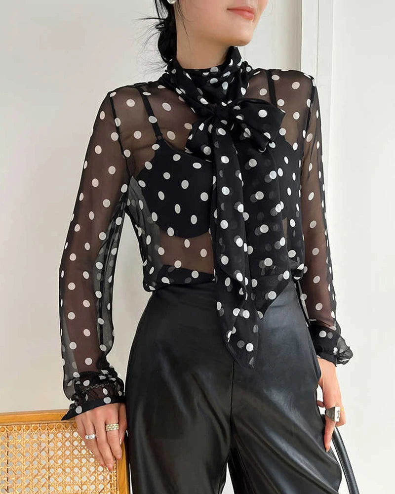 Elegant Sheer Polka Dot Silk Blouse for Women - Breathable & Comfortable Party Wear - Perfect for Office, Date Night & Special Occasions