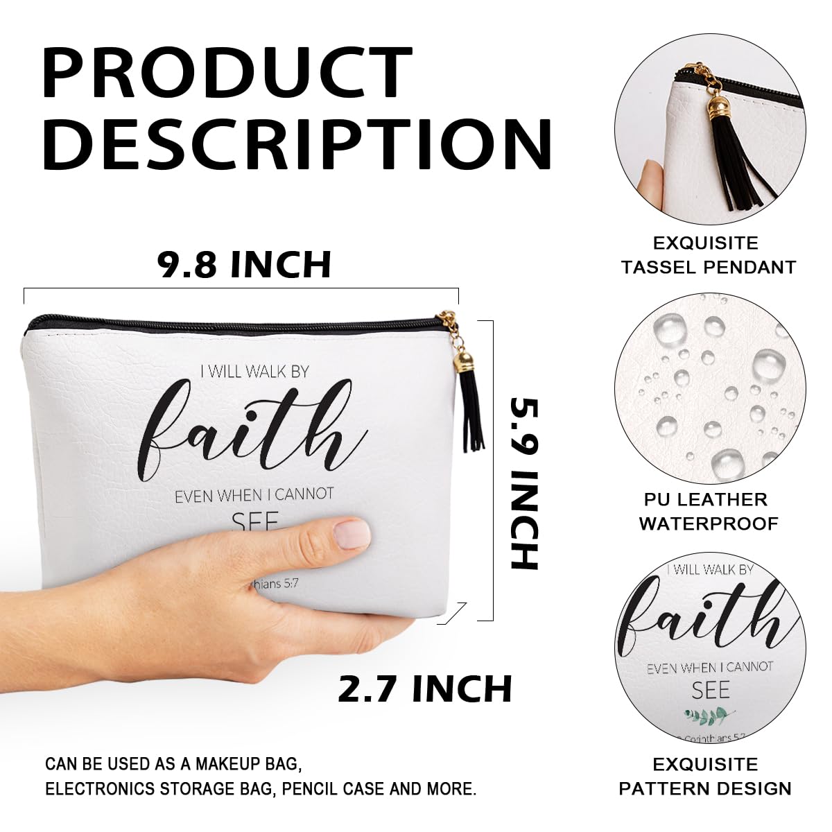 Christian Gifts for Women - Inspirational Bible Verse Waterproof PU Leather Makeup Bag - Religious Scripture Gifts for Her - Perfect for Prayer, Graduation, Birthday & Travel Toiletries - Church, Bible Study & Daily Devotional Use