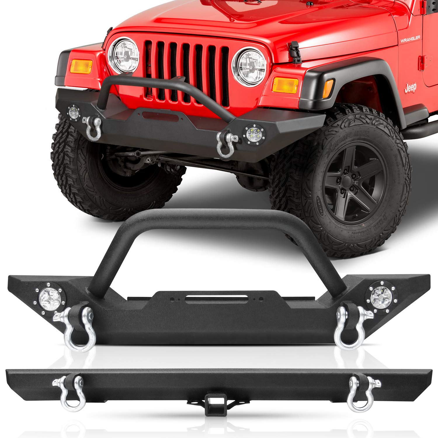 AAIWA Rock Crawler Front & Rear Bumper for 1987-2006 Jeep Wrangler TJ & YJ - Winch Plate, LED Fog Lights, 2