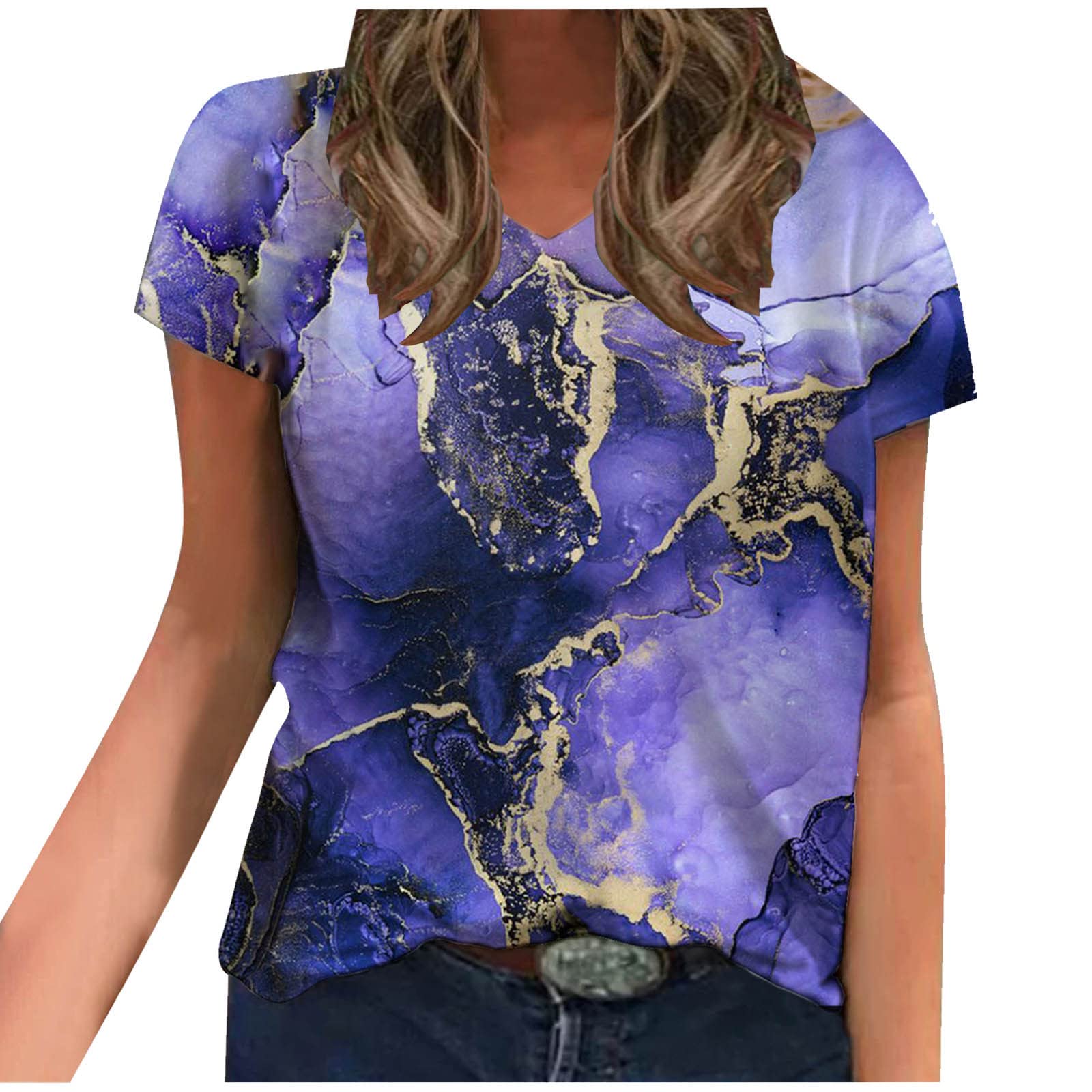 Trendy Women's Summer Tie Dye Short Sleeve V-Neck T-Shirt | 2022 Casual Marble Print Tunic Top | Perfect for Beach, Music Festivals & Everyday Wear