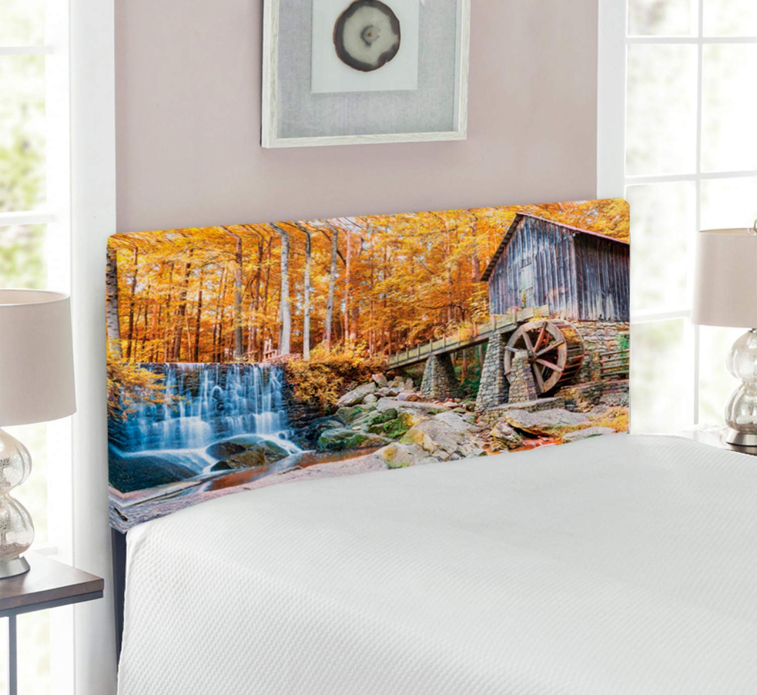 Ambesonne Waterfall Headboard - Historical Water Mill & Nature Art Upholstered Metal Bed Frame with Memory Foam, Twin Size, Yellow Brown - Perfect for Cozy Bedroom Decor & Autumn-Themed Interior Design