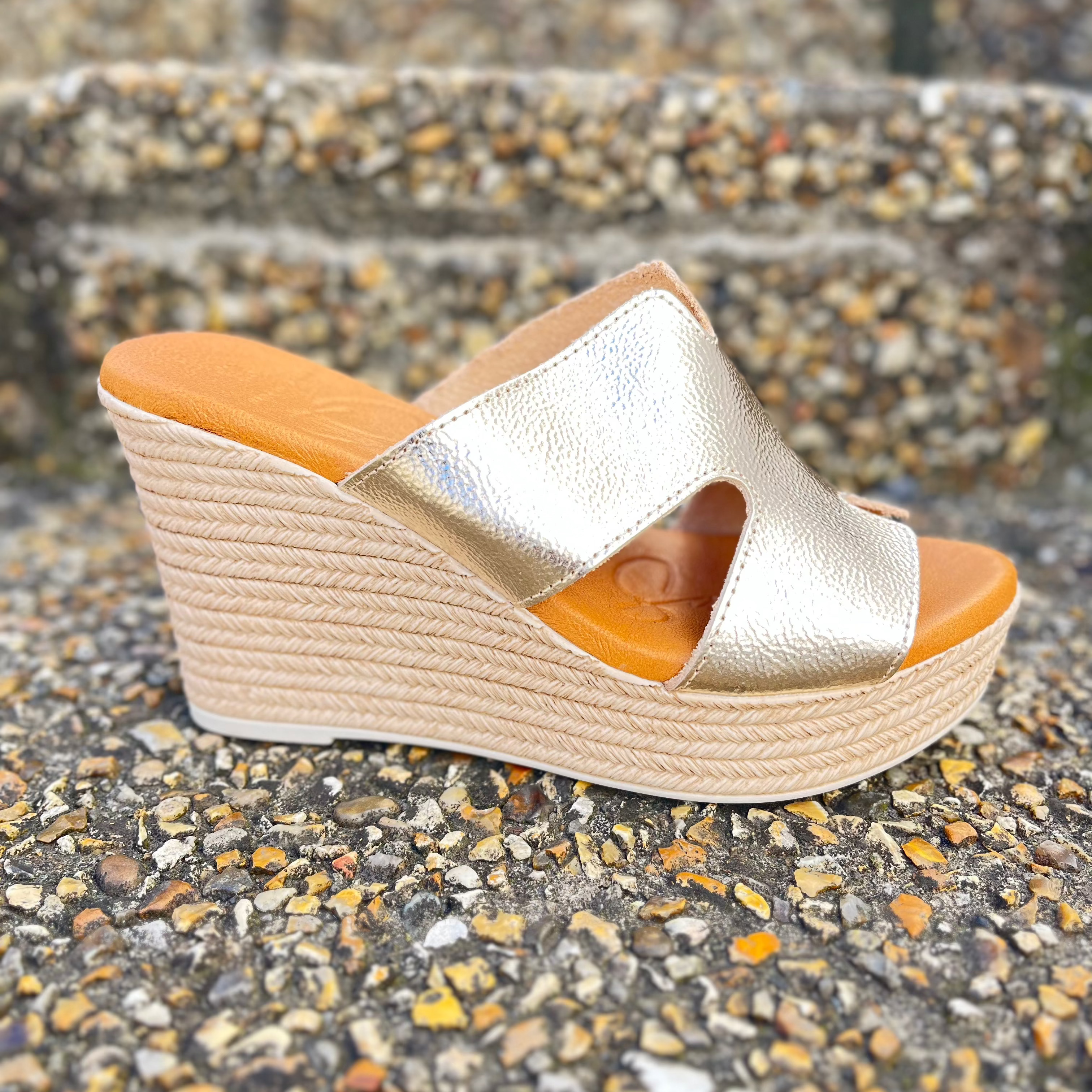 OH MY SANDALS Women's Gold High Wedge Mule Sandals 5725 - Comfortable Summer Slide Shoes for Beach, Pool Party & Casual Outings