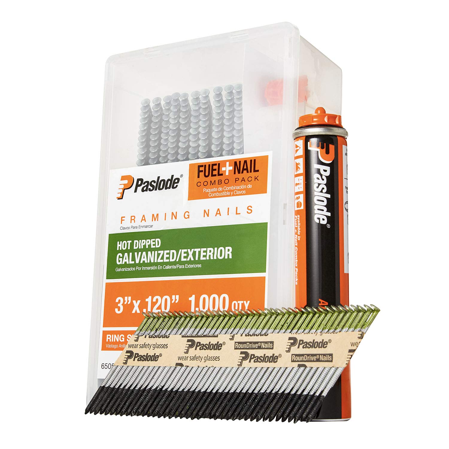 Paslode 3 Inch x .120 Gauge Ring Hot Dipped Galvanized Framing Nails with Fuel Pack - 1 Fuel Cell & 1,000 Nails (650527) for Wood Framing, Construction, and Roofing Projects