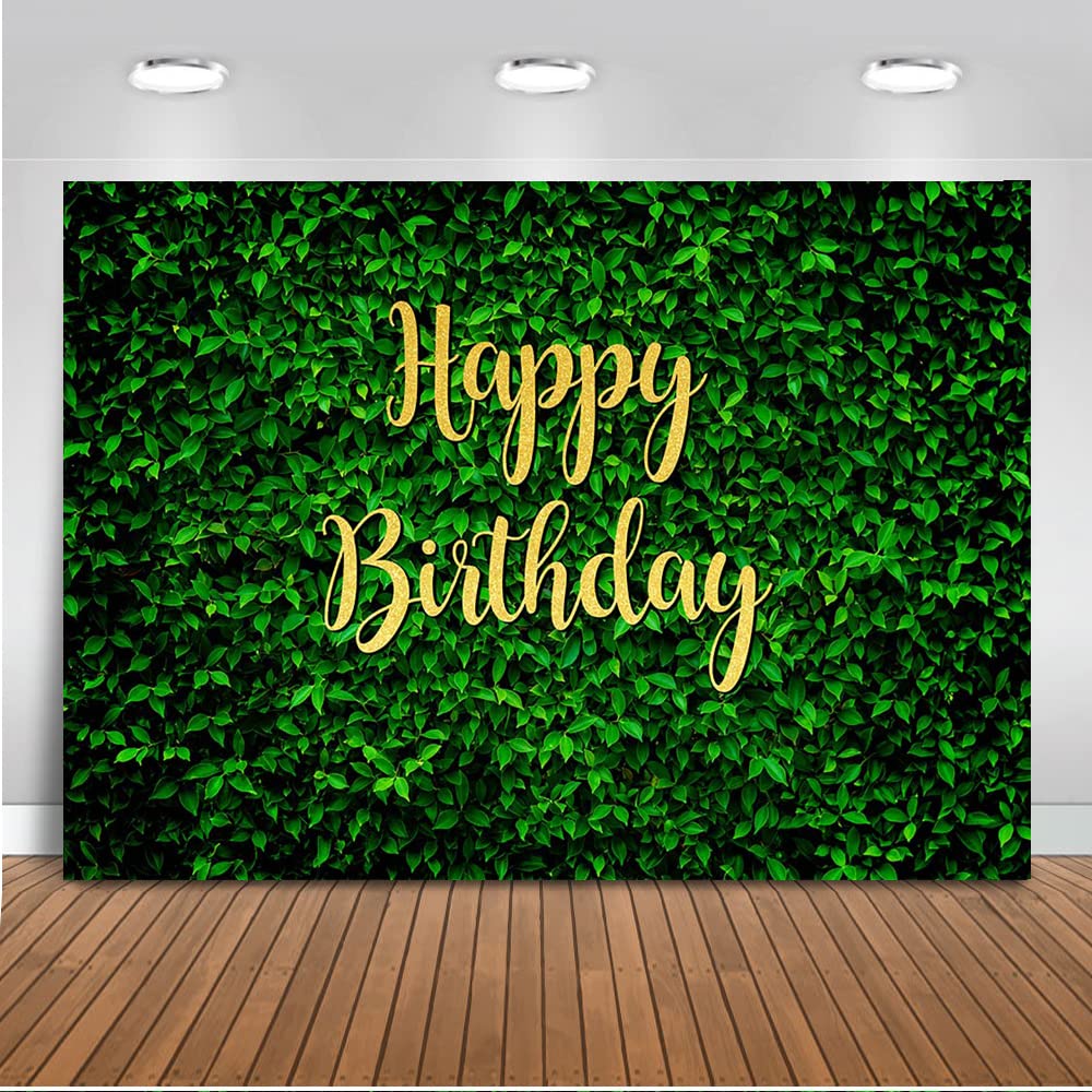 7'x5' Green Leaves Birthday Backdrop - Grass Wall Safari Party Decor, Photo Booth Background for Jungle Theme, Baby Shower & Outdoor Events - Mocsicka Hedge Photography Banner
