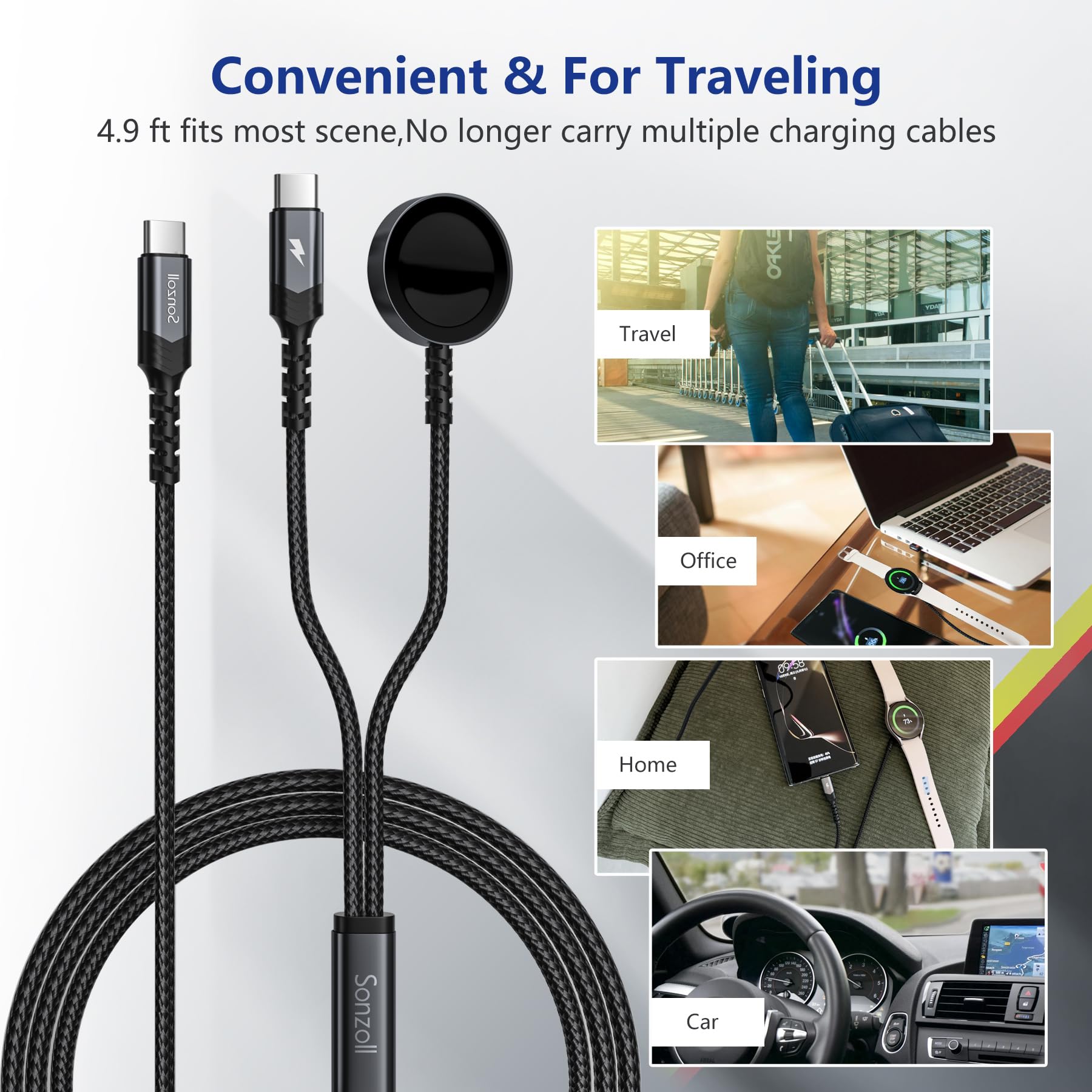 2 in 1 Samsung Watch Charger & USB C Fast Charger - 5FT Magnetic Charging Cable Compatible with Galaxy Watch 7/6/5/4/3/Active2 & Galaxy S24/S23/S22/S21/S20 - Perfect for Travel, Office & Nightstand Charging